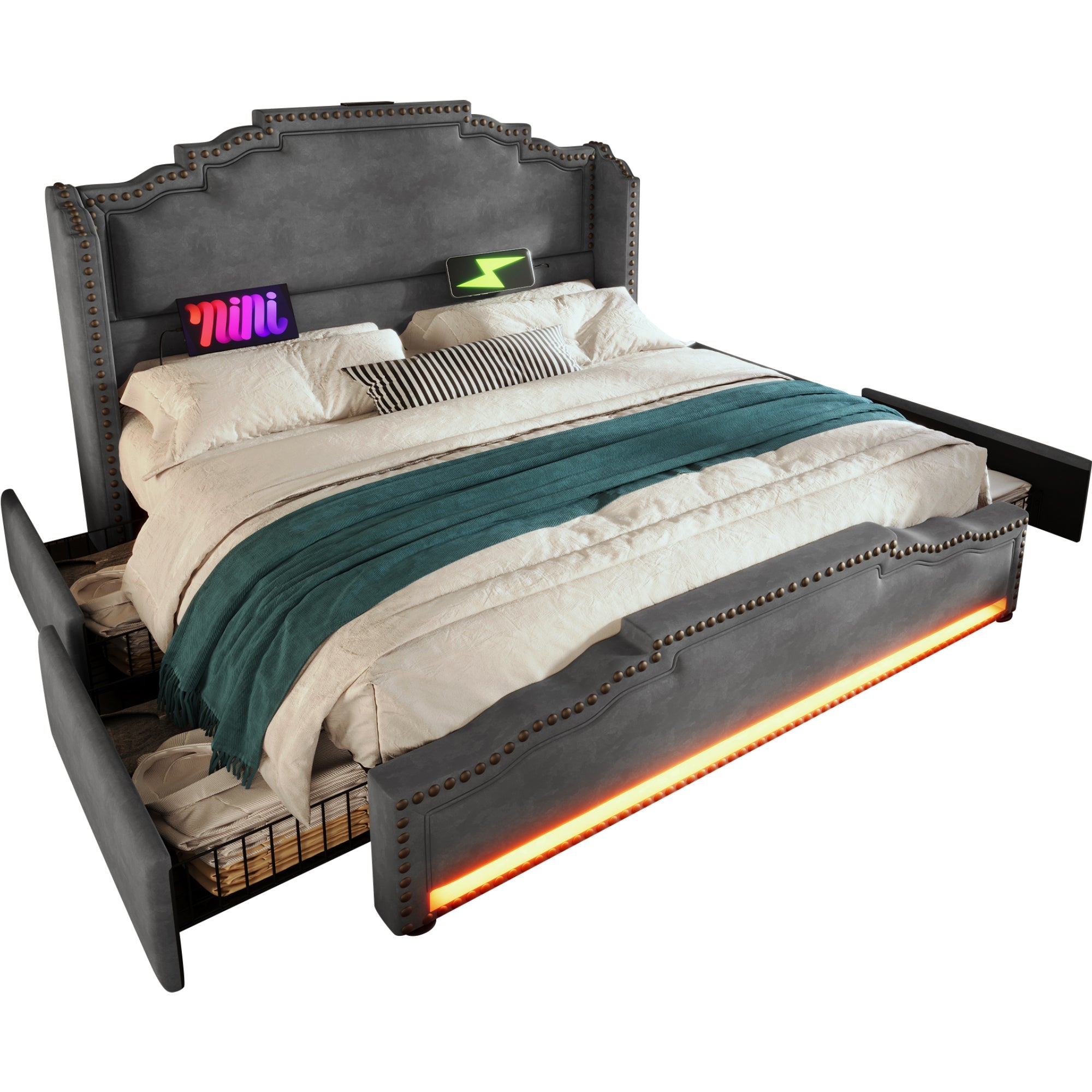 Upholstered Bed 180x200, 4 Drawers, LED, USB-C, Velvet Grey