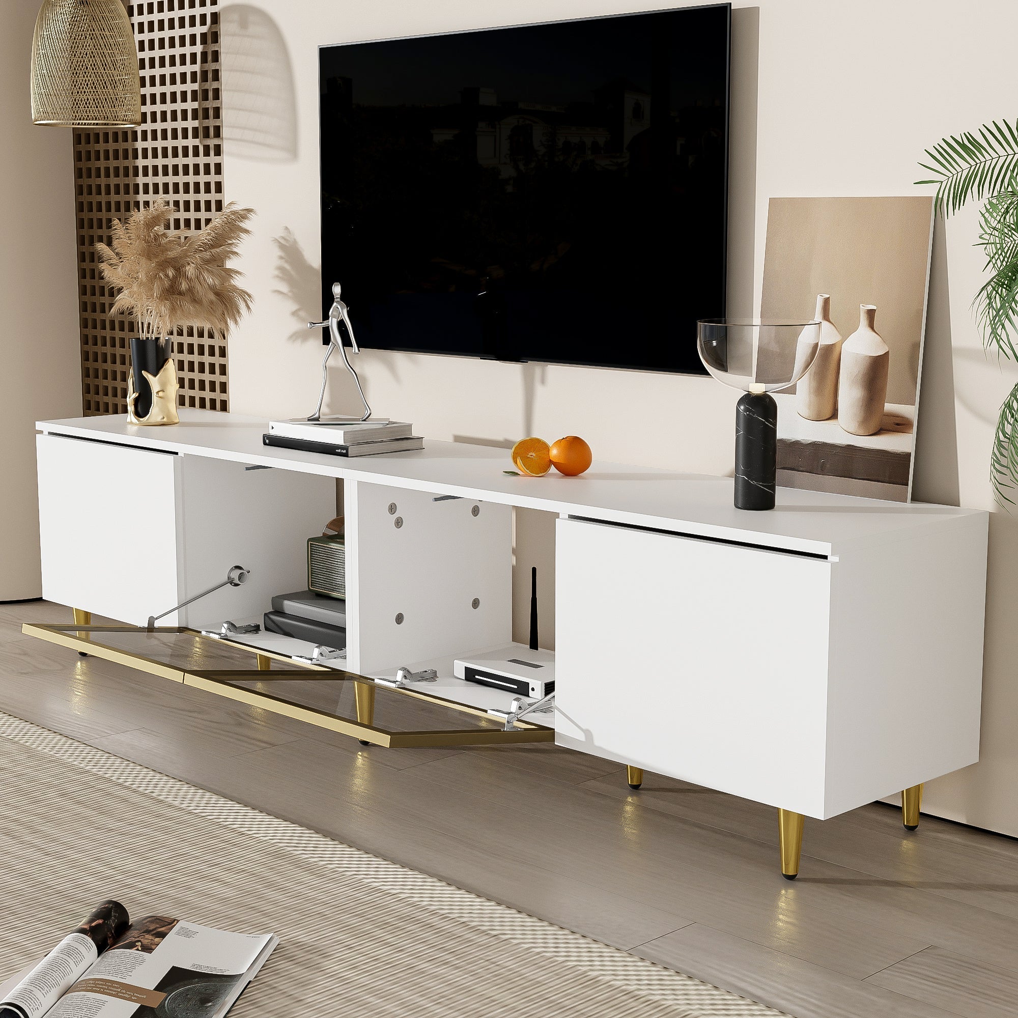 TV Cabinet 170cm Minimalist Style, Floor and Wall Mounted, 4 Doors (2 Glass Doors), White