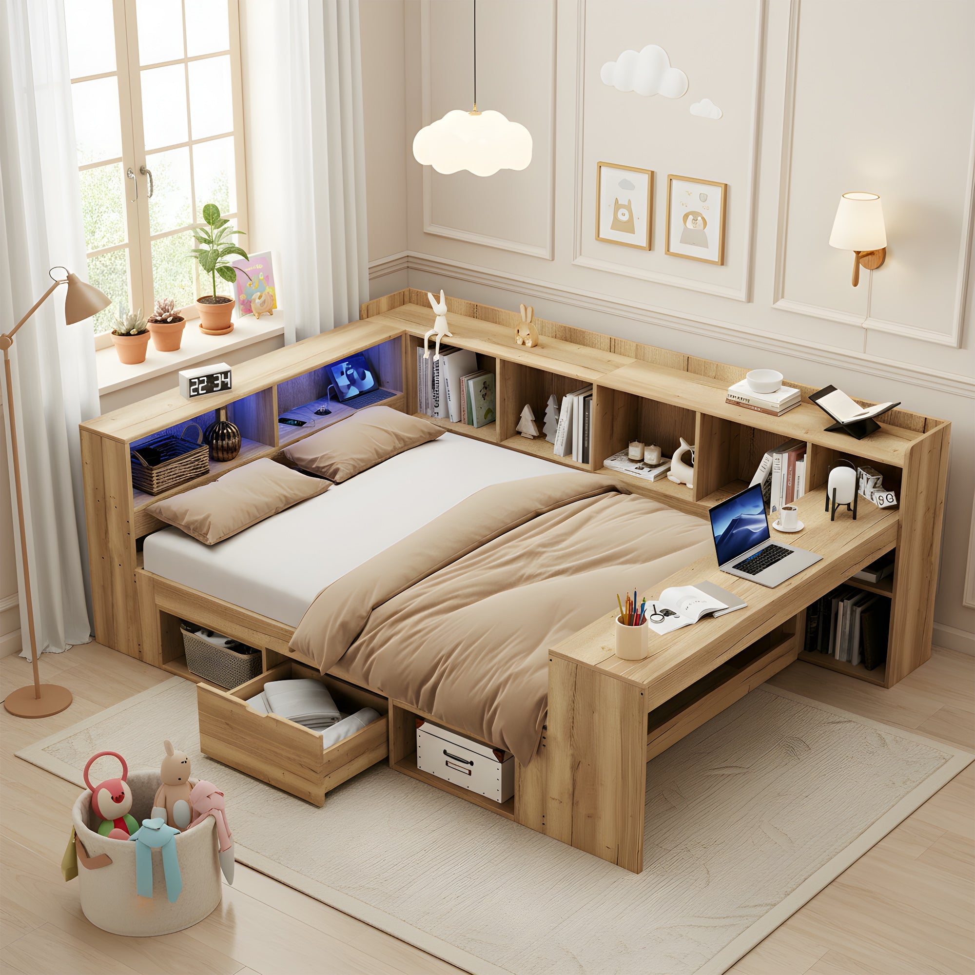 L-shaped Storage Platform Bed with Desk, LED, USB and Drawers, 140x200cm, Natural Wood