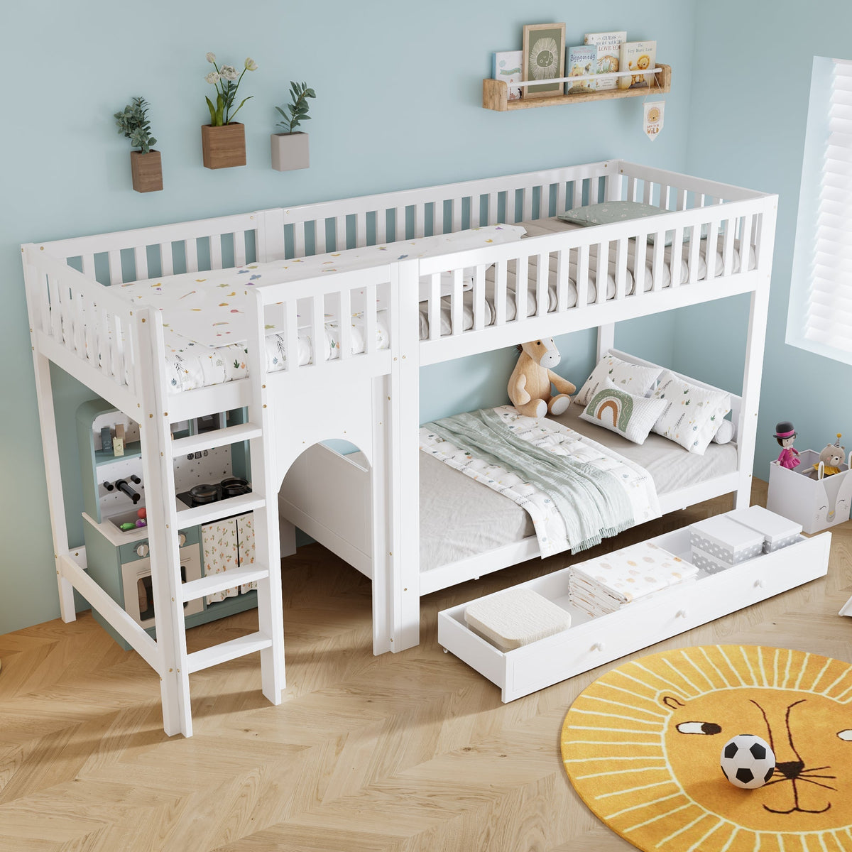Bunk Bed for Children with Straight Ladder and Safety Railings, 90x200cm, White Pine + MDF