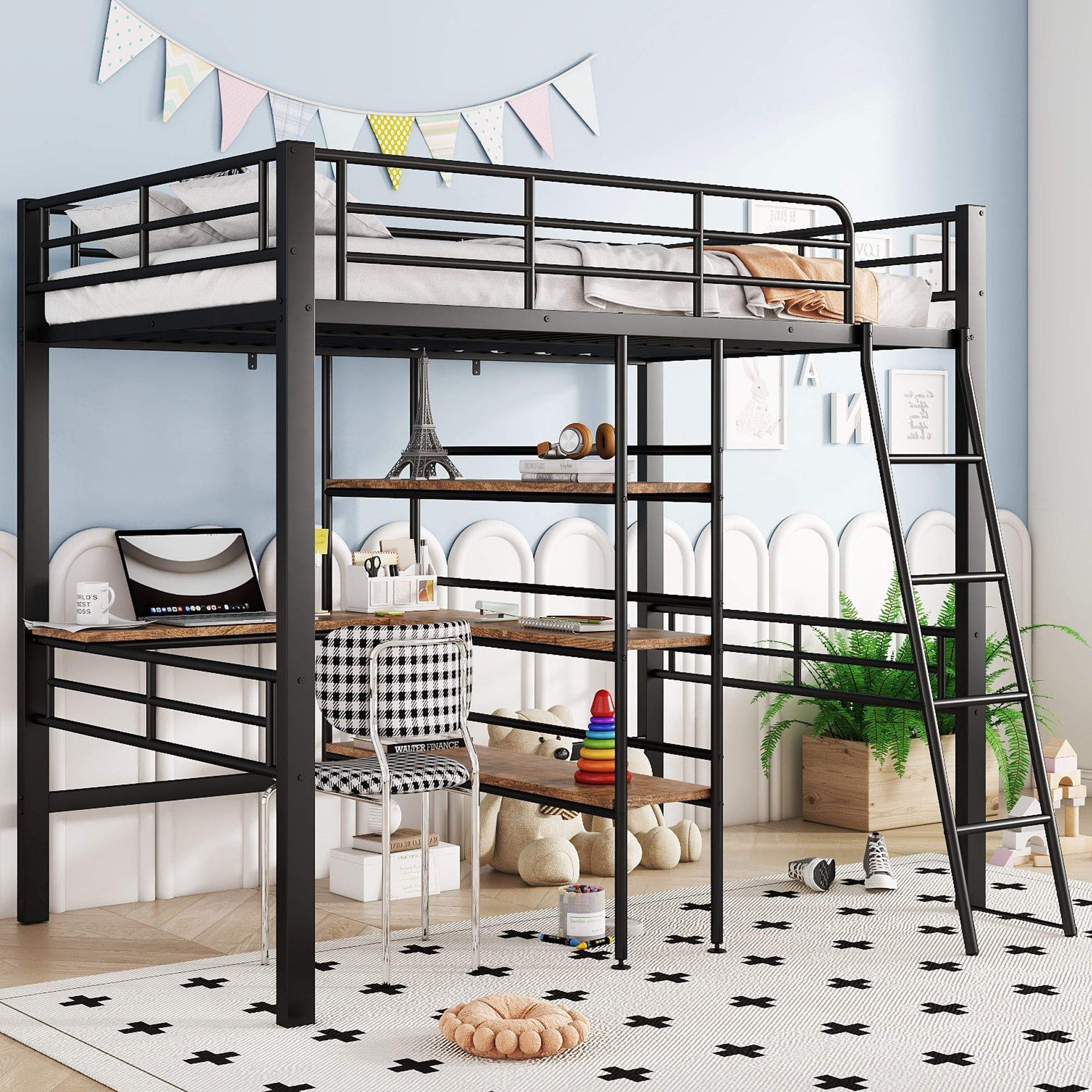 Loft Bed 90x200cm Iron Frame with Desk Multiple Shelves Black