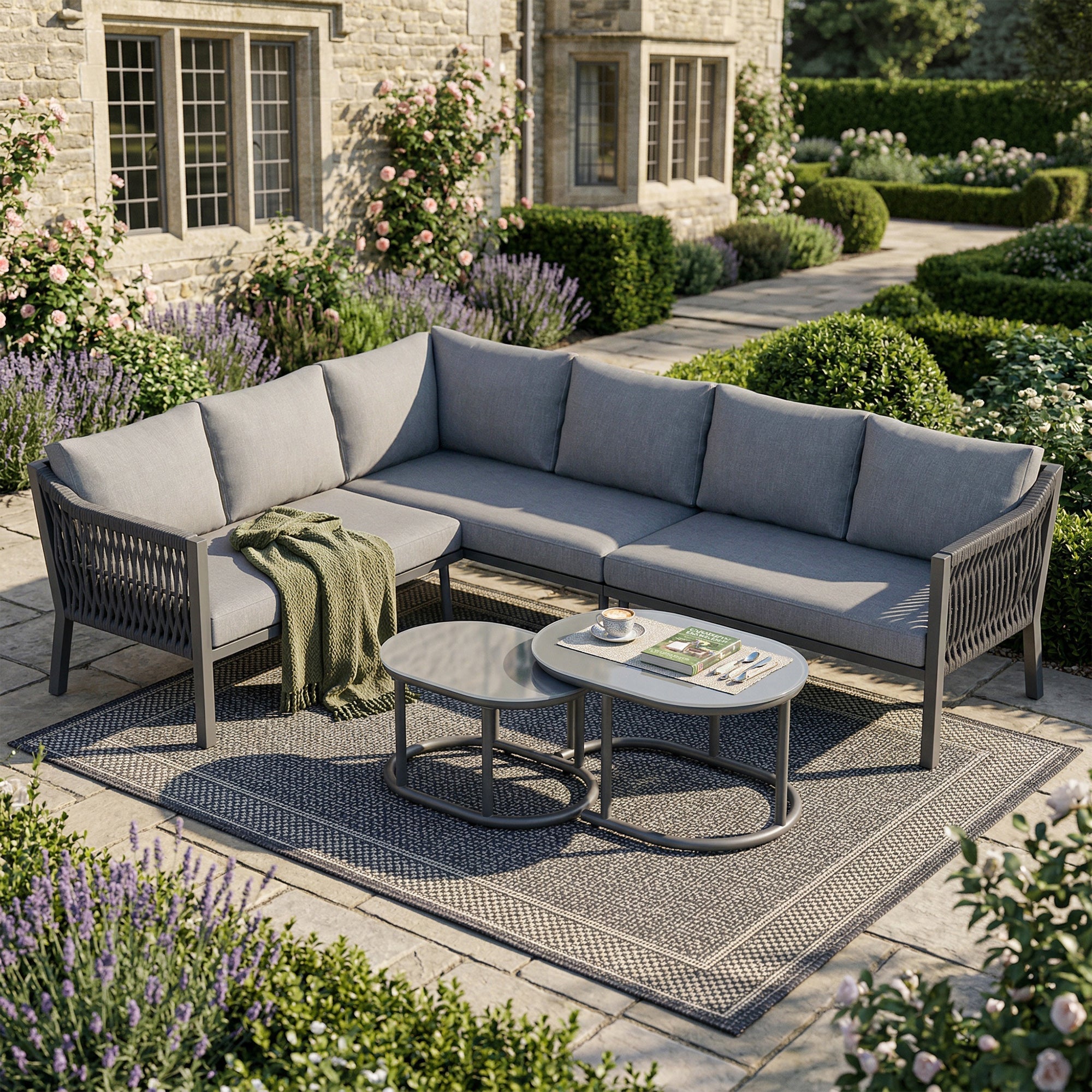 Garden Dining Set for 6 People with Corner Sofa and Two Coffee Tables, Hand-Woven Rope and Galvanized Iron, Grey