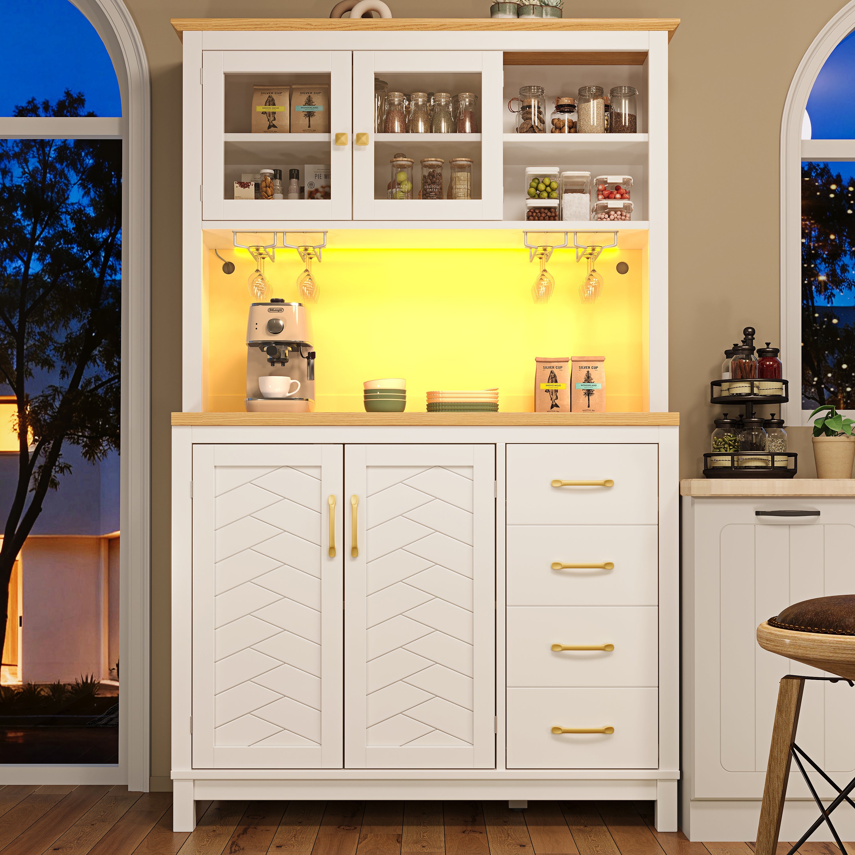 Sideboard Kitchen Cabinet with LED Light Strip and Drink Holders, Green/Black/White