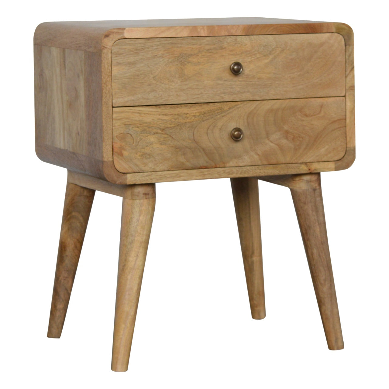 Solid Wood Bedside, Curved 2 Drawers, Oak-ish Brown