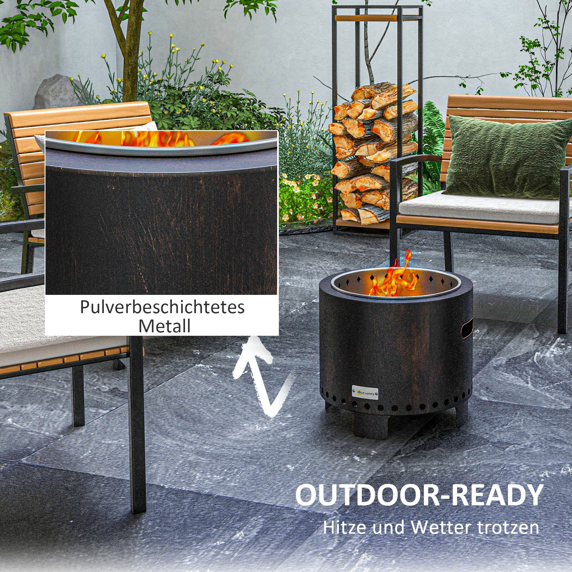 Fire bowl smoke-free table fire pit with handle and poker, metal black