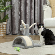 Katzenbaum, kleiner Turm mit Höhle, 2 Spielbälle, Kratzmatte, Hellgrau