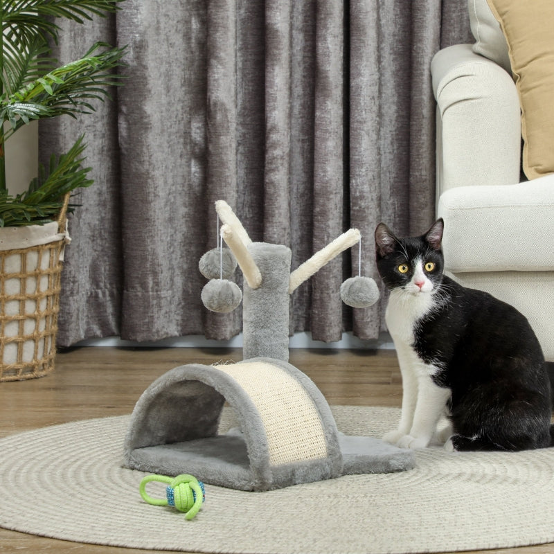 Katzenbaum, kleiner Turm mit Höhle, 2 Spielbälle, Kratzmatte, Hellgrau