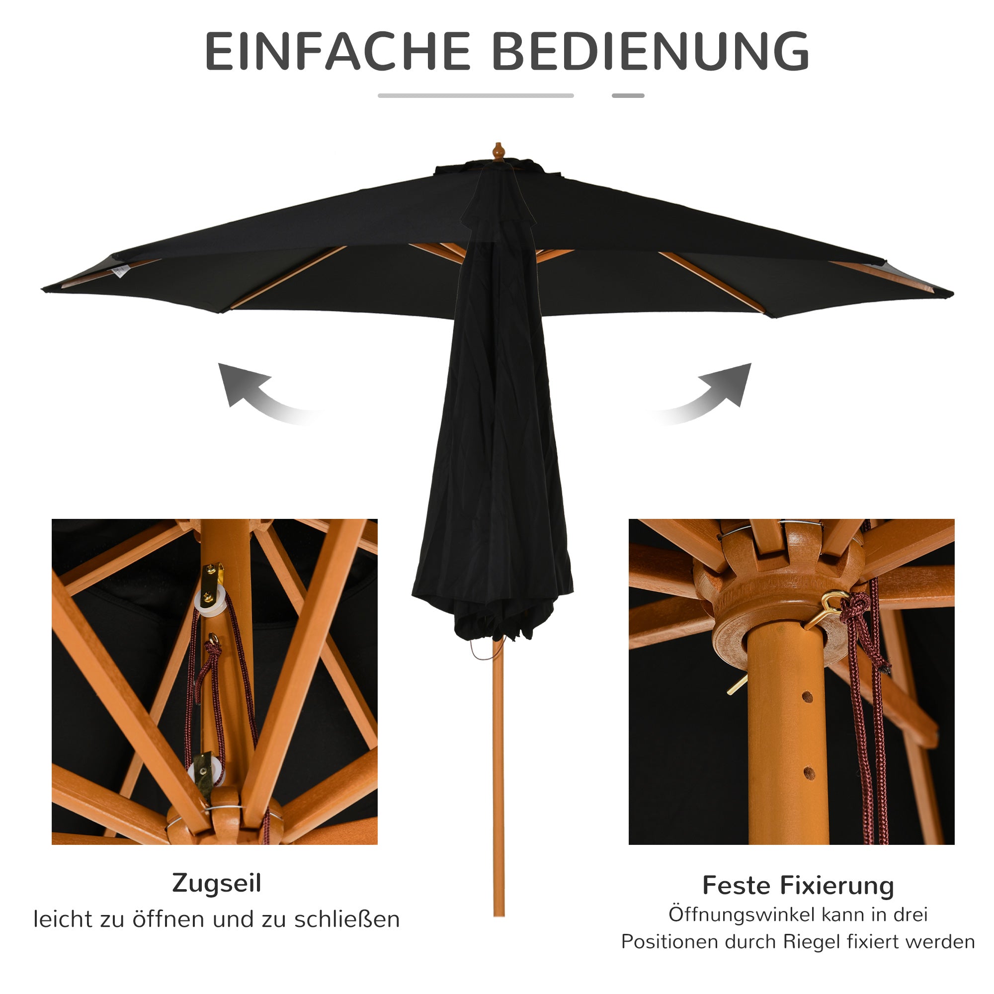 Wooden Parasol 300 cm Garden Balcony Bamboo Black