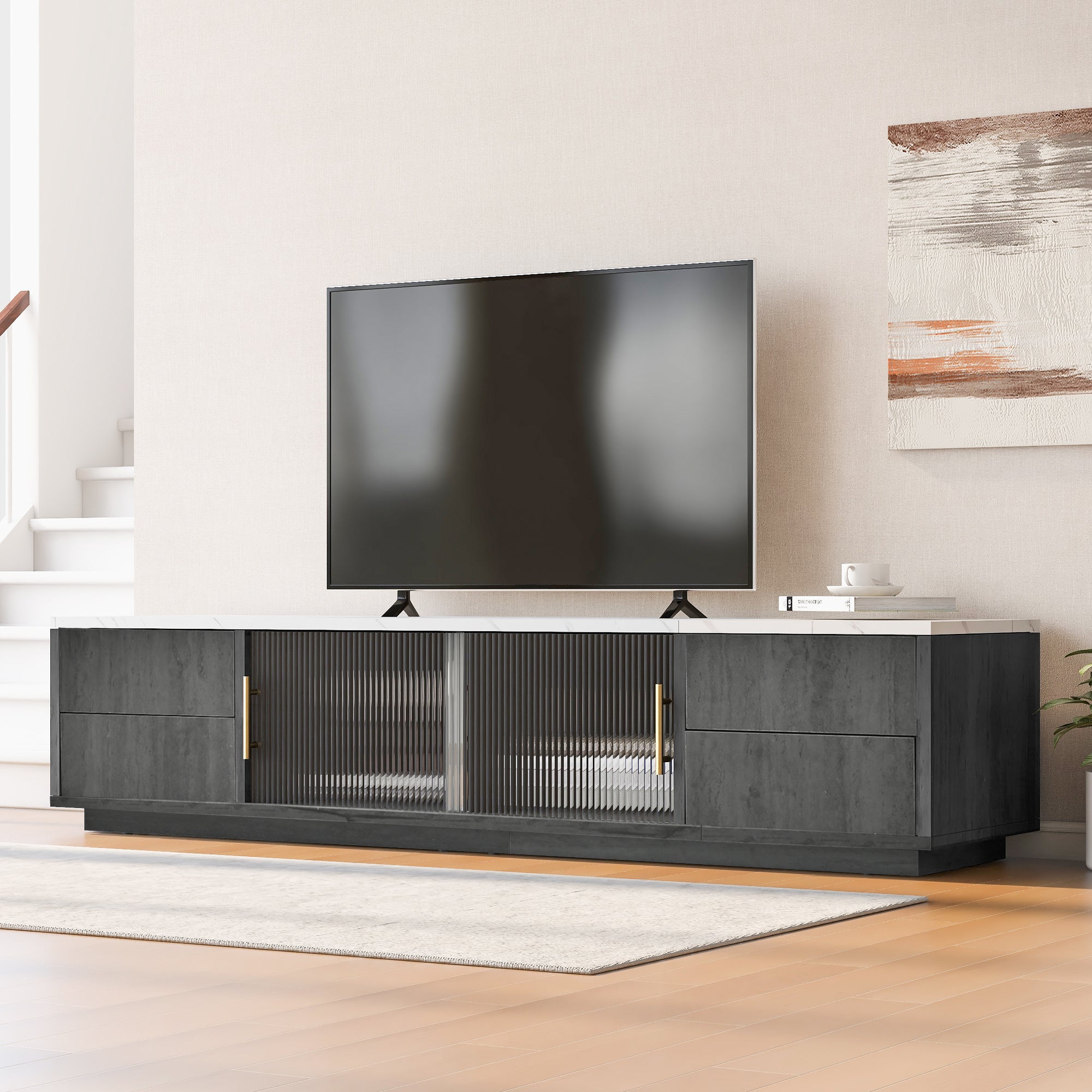 TV Stand 160cm Marbled Top Push-to-Open Drawers - Grey