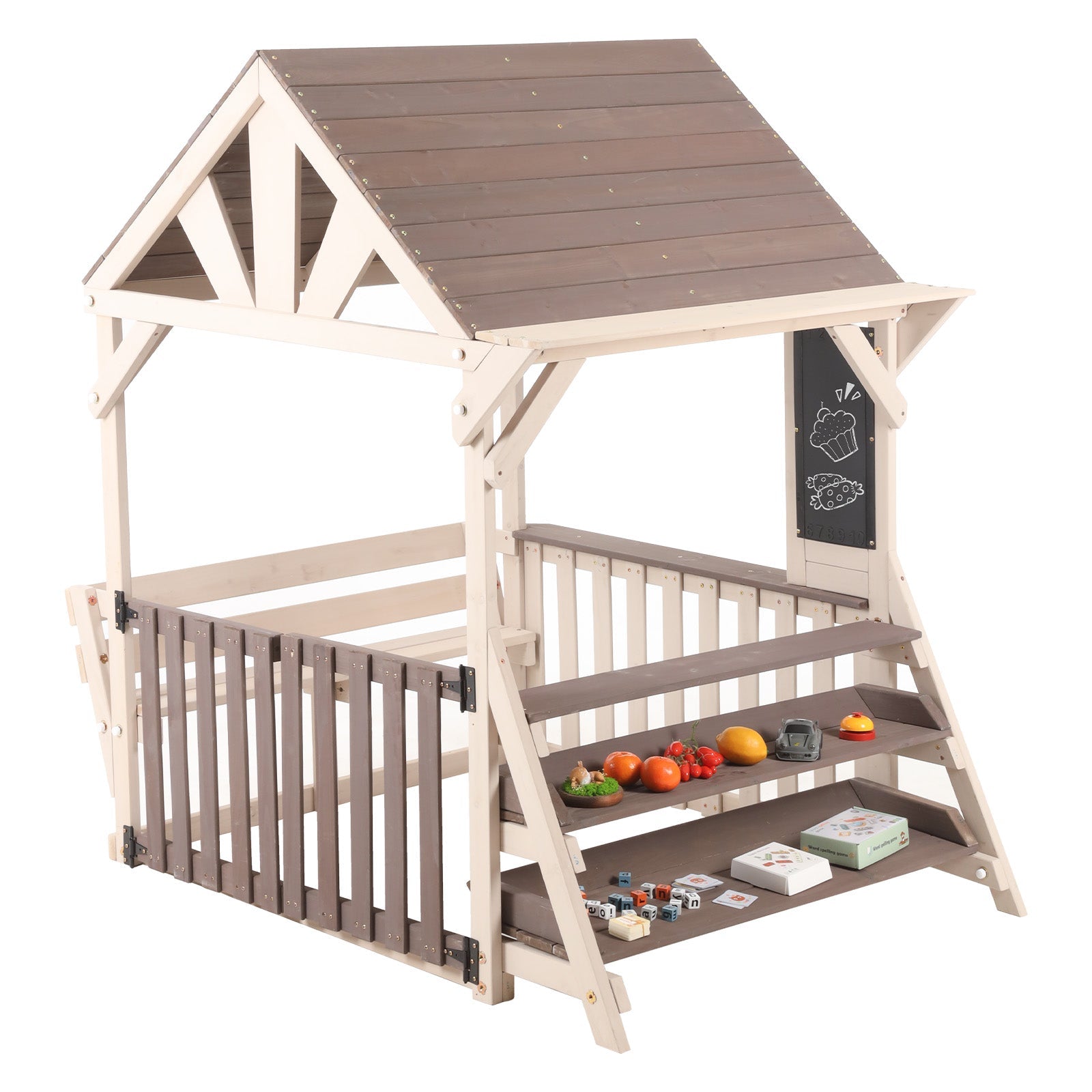 Outdoor Kitchen Playset with Rainproof Roof and Multi-purpose Shelf, Grey Wood