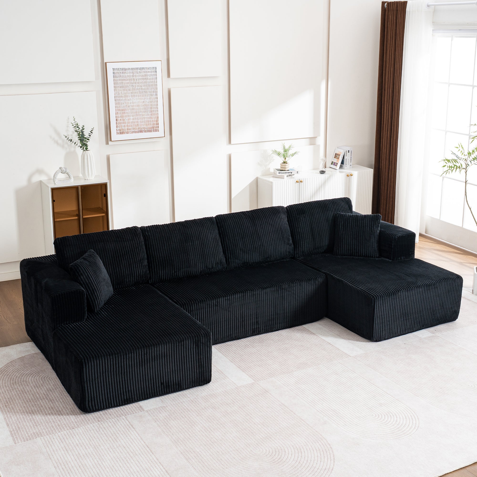 Modern U-Type Modular Sofa with Lounge Chairs and High-Density Sponge, Lamp Plush Fabric