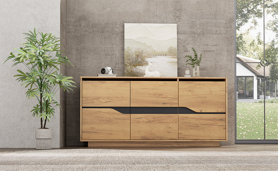 Sideboard Cabinet 3 Doors Adjustable Dividers Handleless 140x40x70cm Wood Color + Black