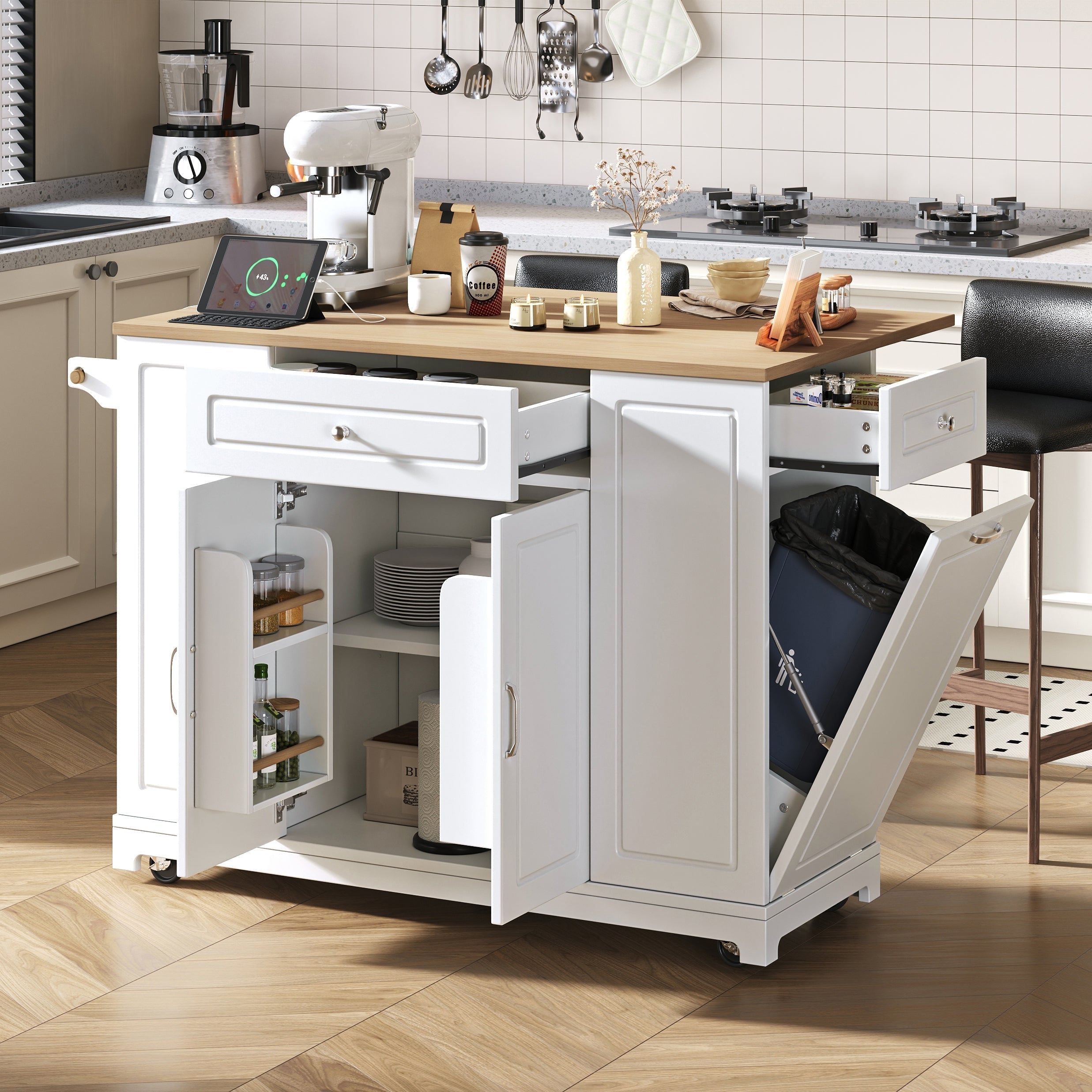 Mobile Kitchen Island Extendable Dining Storage Drawers Waste Bin - White