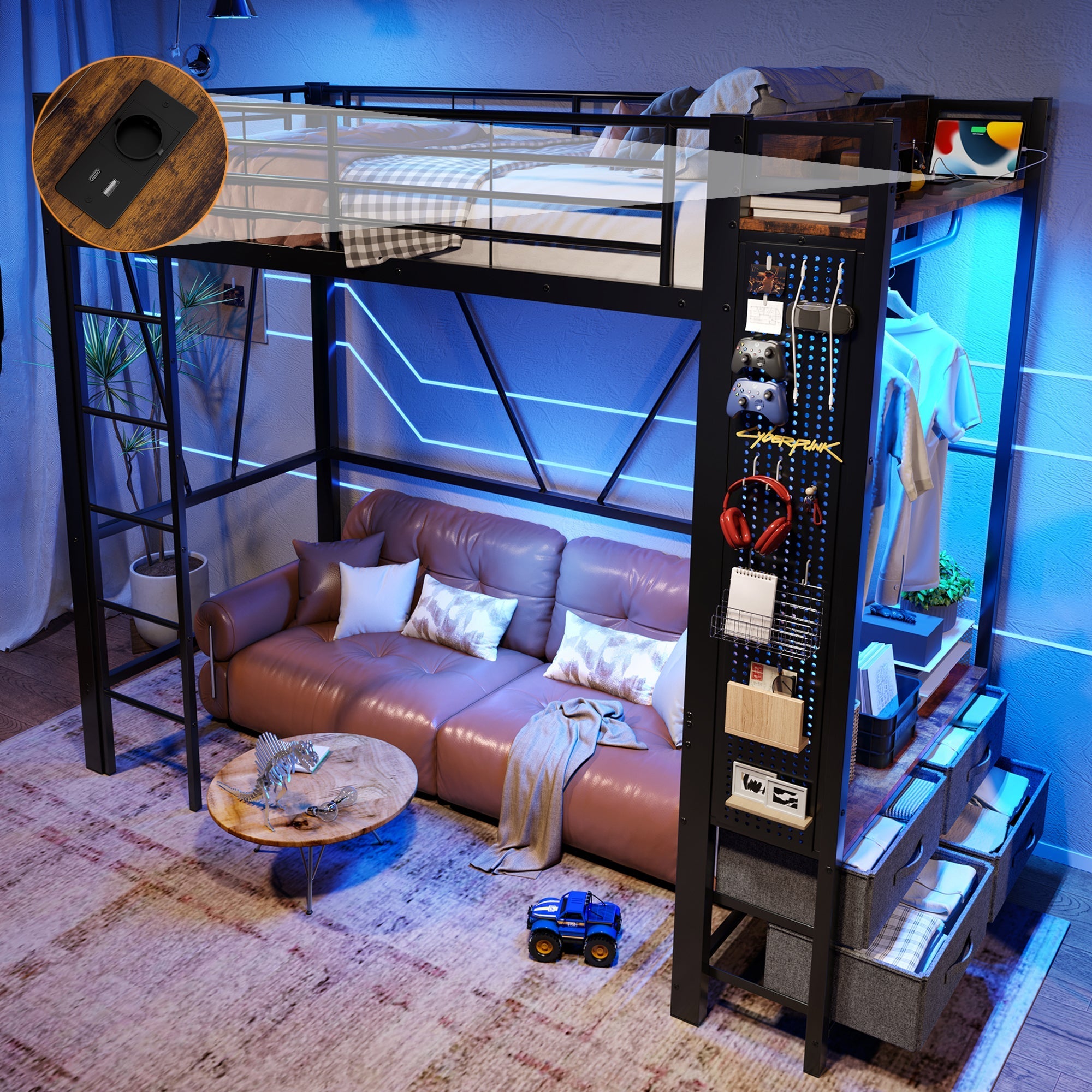 Loft Bed 90x200cm Iron Frame with 4 Drawers Shelves LED USB/Type-C Socket Pegboard black