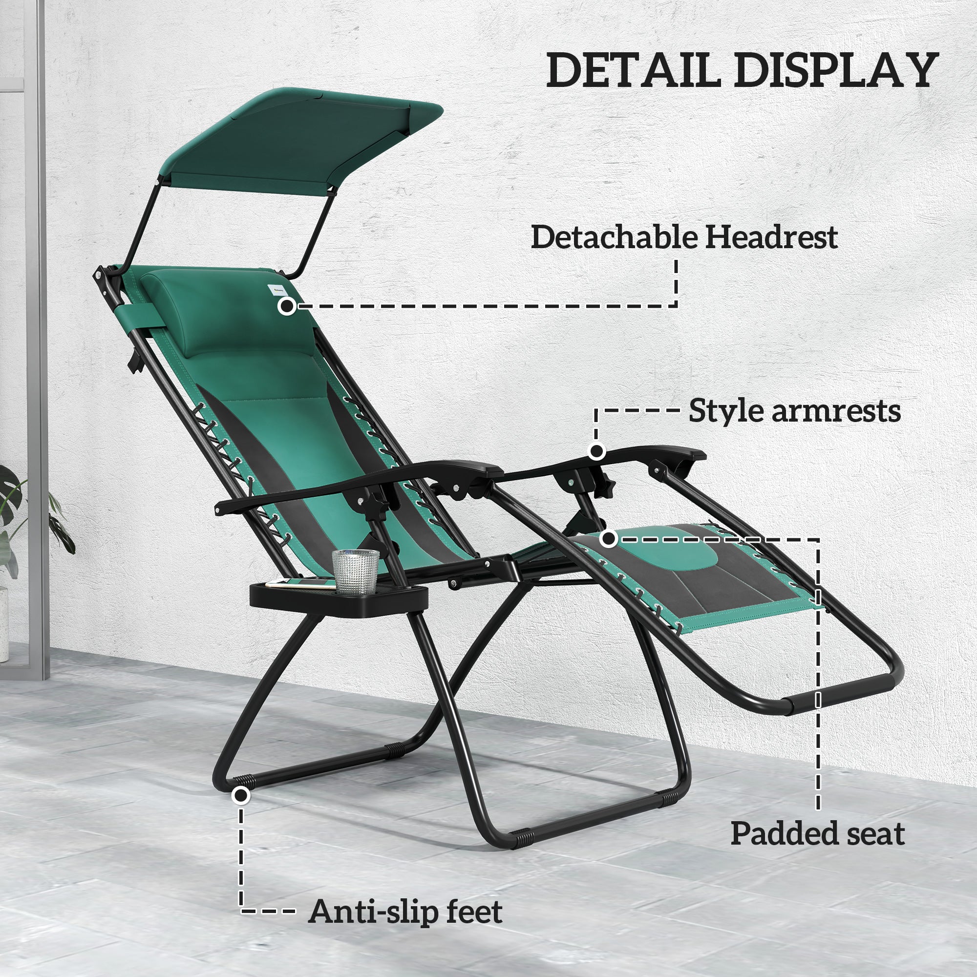 Zero Gravity Lounger Chair Set of 2, Folding Recliner with Shade Cover & Cup Holder, Green