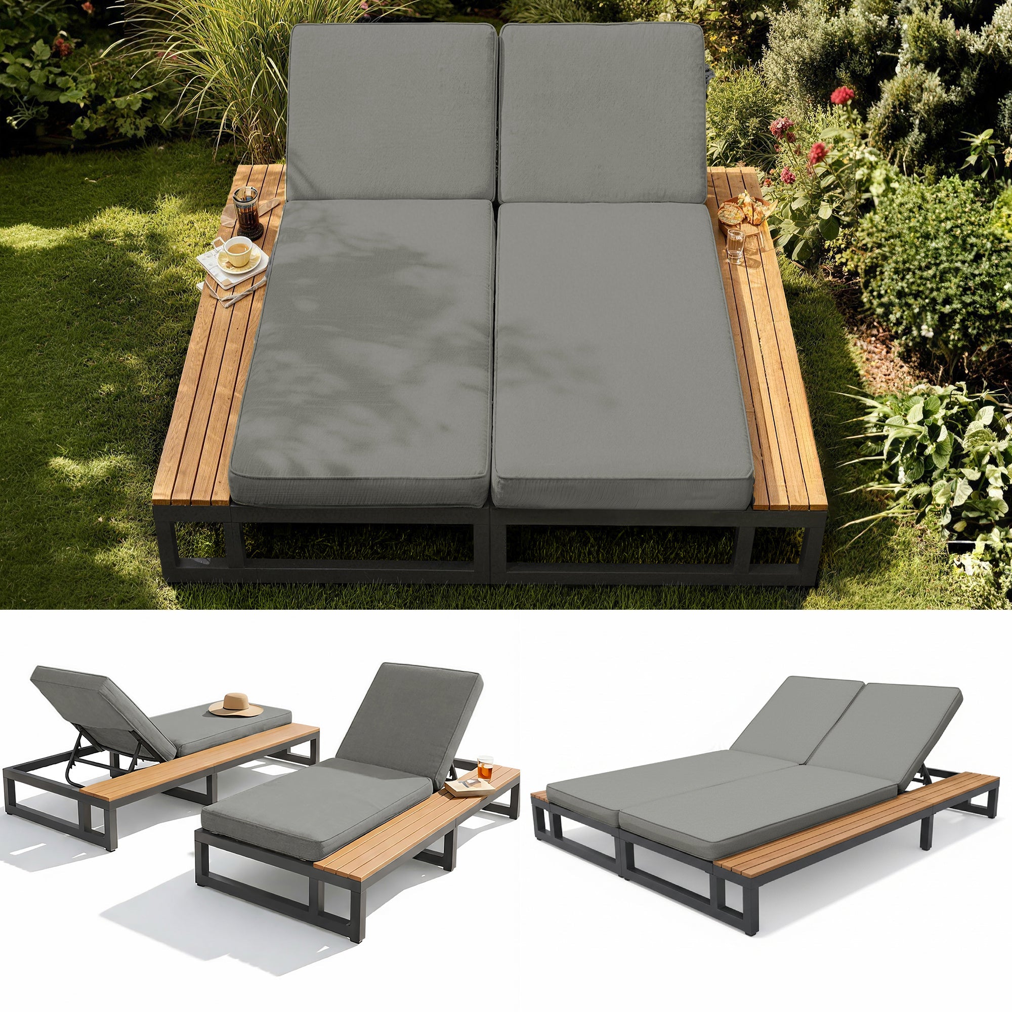 Outdoor Patio Daybed with Adjustable Backrest and Side Shelves, Waterproof Double Lounger, Gray