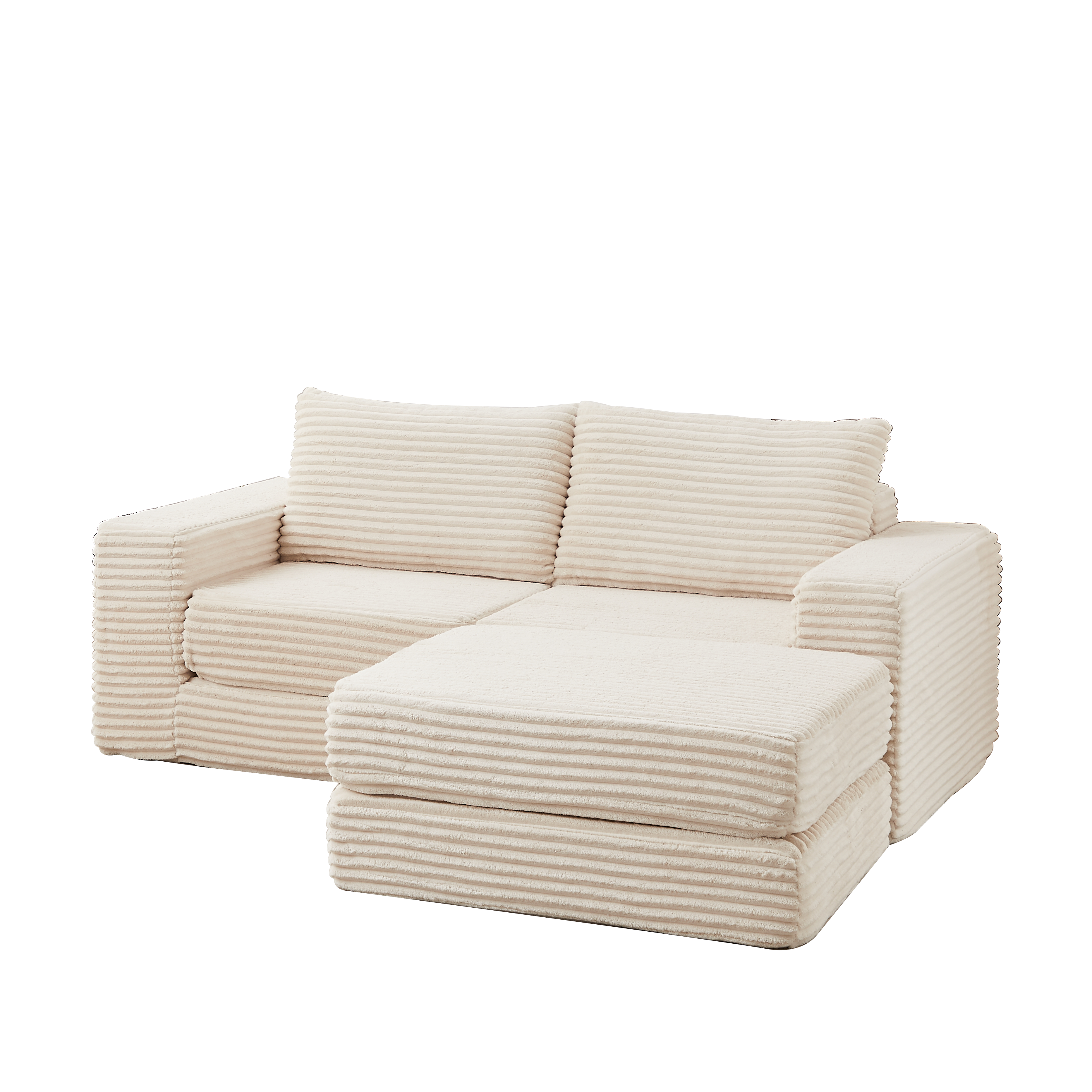 Corduroy 2-in-1 Sofa Bed with Two Pillows, Removable Footstool and Modular Design, Corduroy