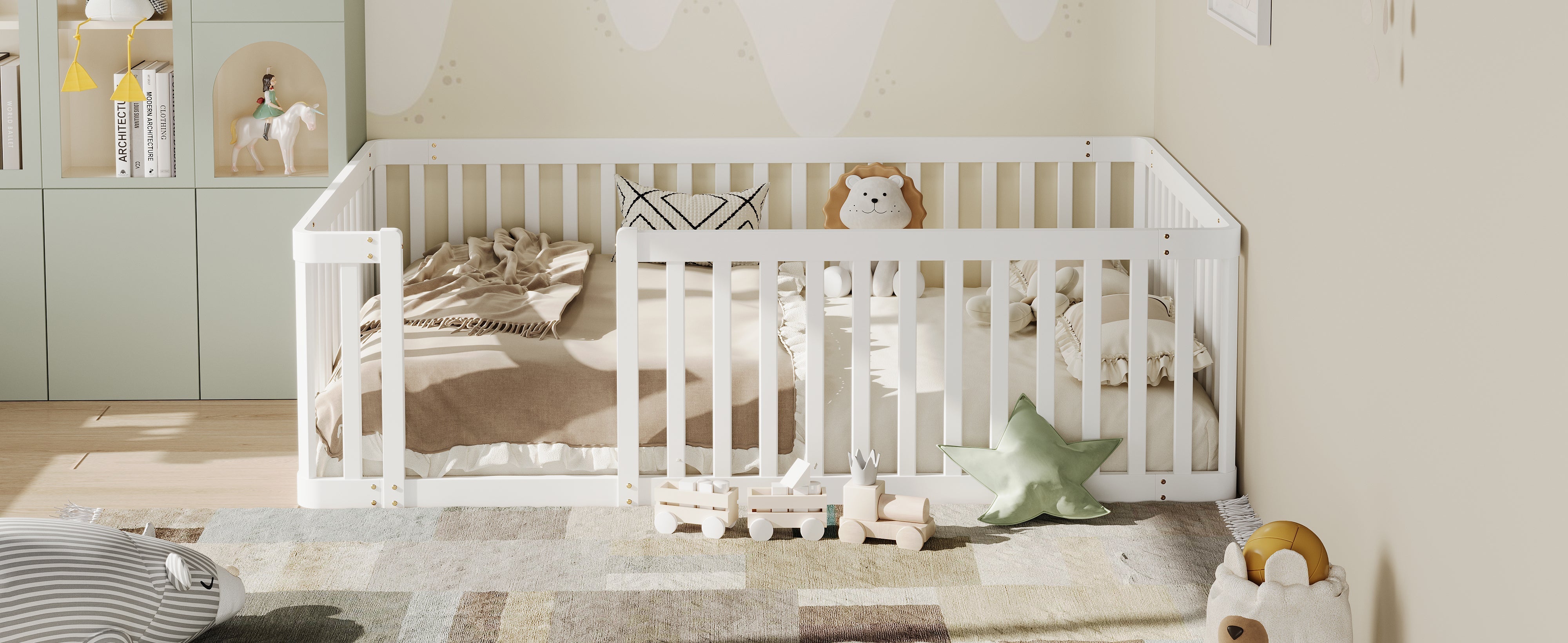 Wooden Bed Frame with Safety Fence, 90x200cm, White Pine Wood