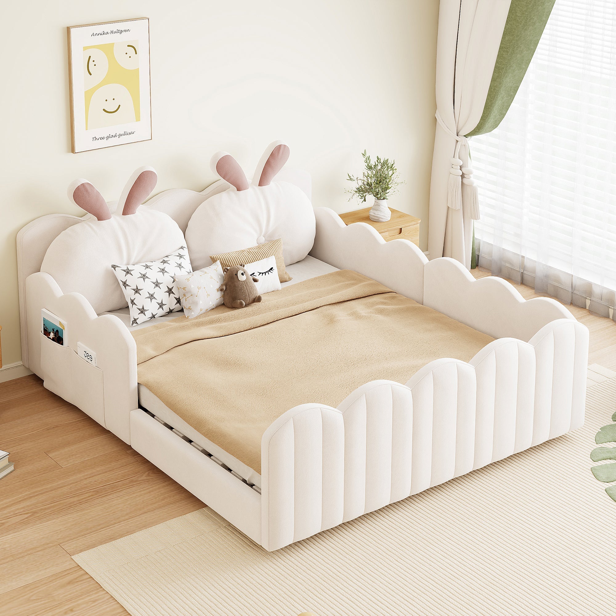 Upholstered Platform Bed with Rabbit-Shaped Cushions, 140x200cm, Beige Velvet