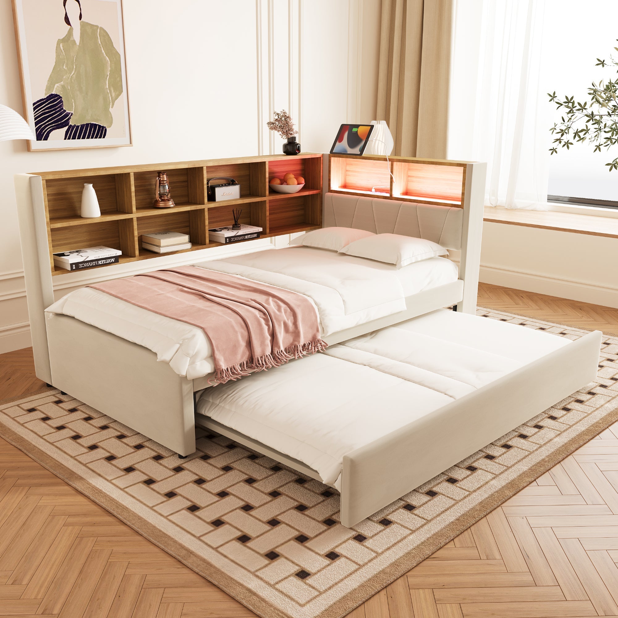 Sofa Bed 90x200 Pull-Out LED Storage Flannel Beige