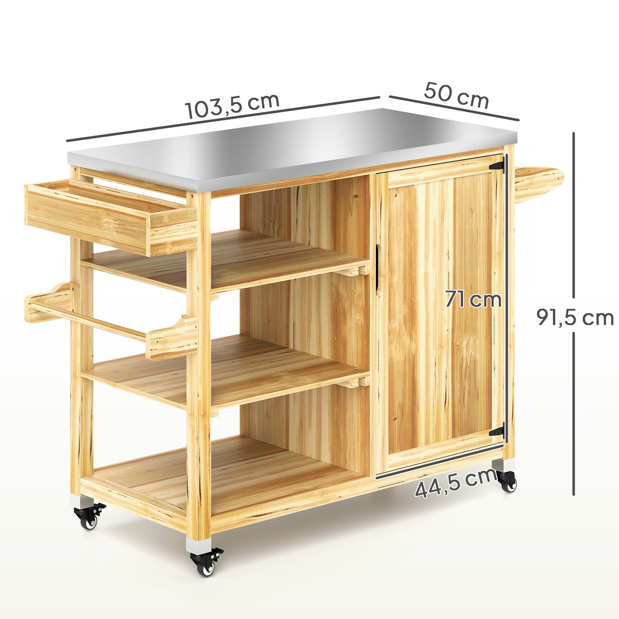 Grill Cart 6-Tier Work Surface Towel Rack Outdoor Trolley, Natural Wood