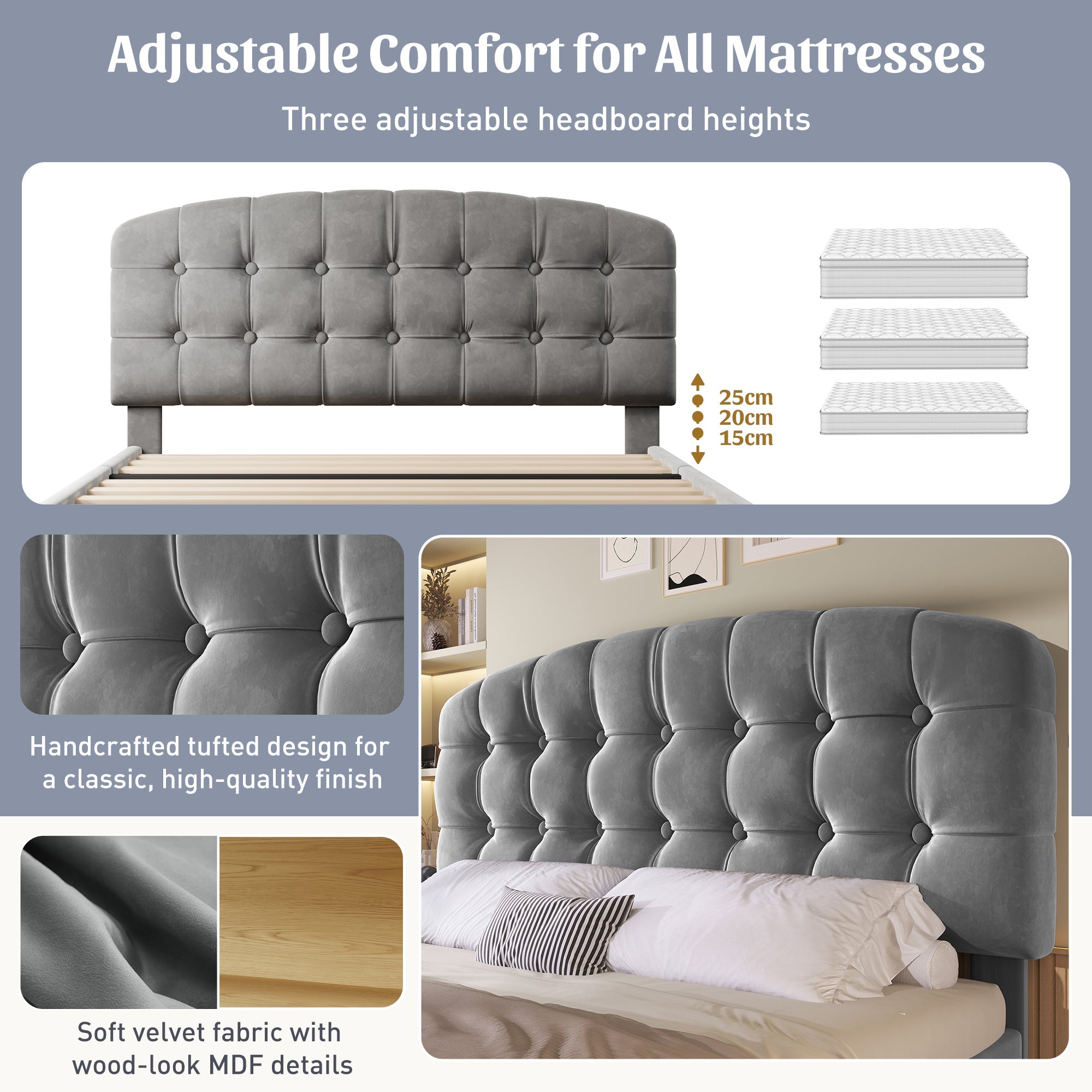 Upholstered Double Bed, 140x200cm with Storage Drawers and Adjustable Headboard, Grey Velvet