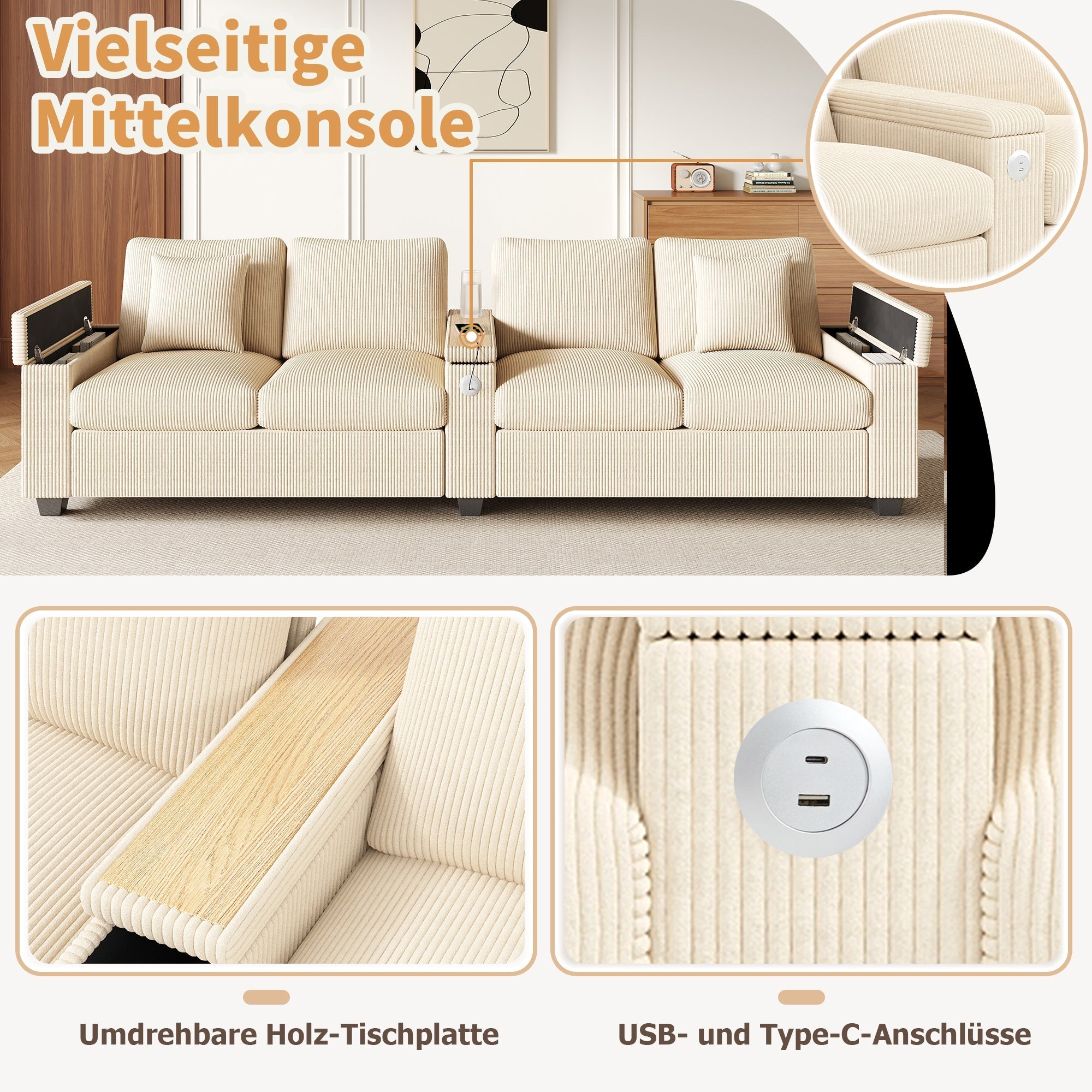 Modern 4-Seater Corduroy Sofa with USB Charging and Storage, Beige