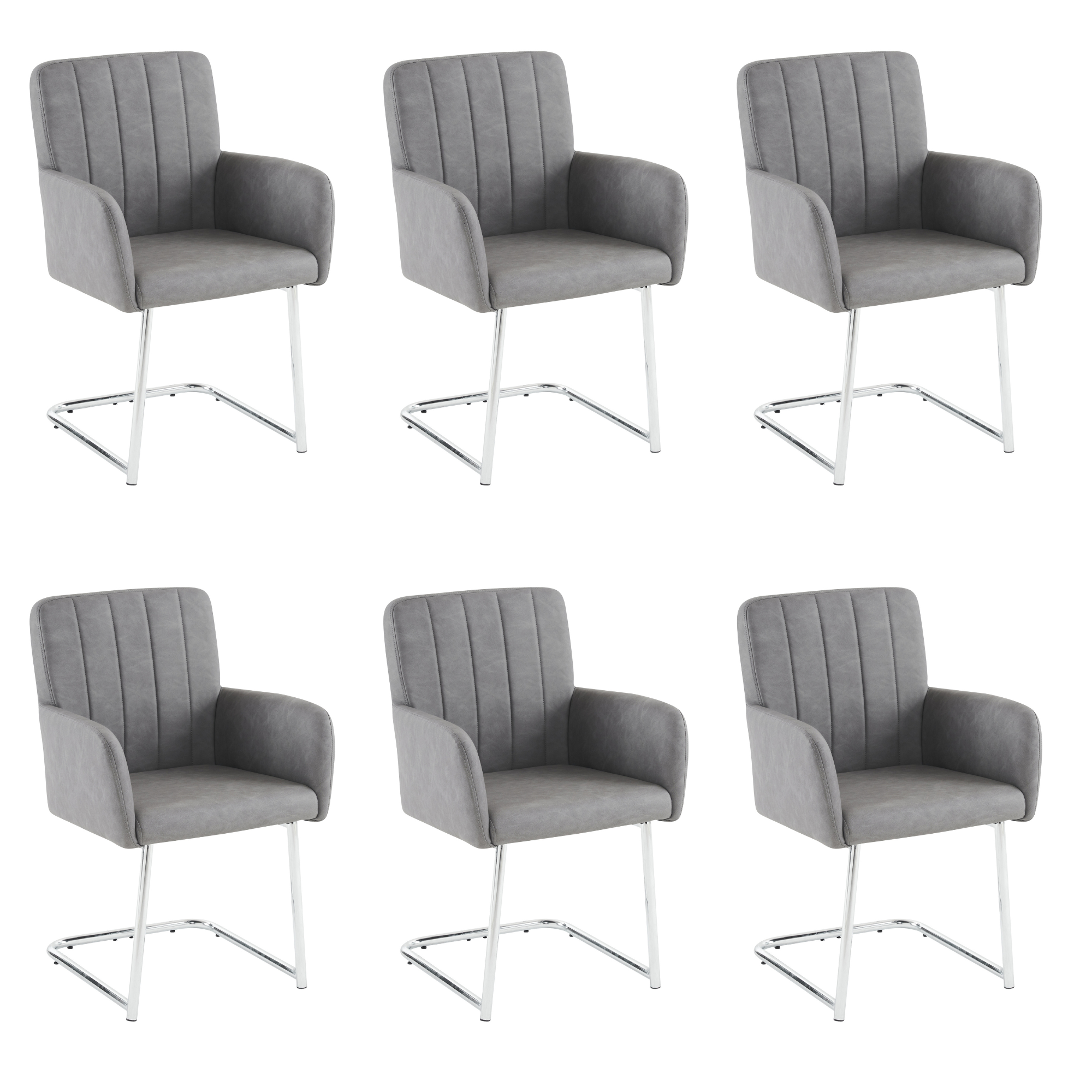 Set of 6 Dining Chairs with Vertical Stripes and Zigzag Metal Legs, Grey Faux Leather