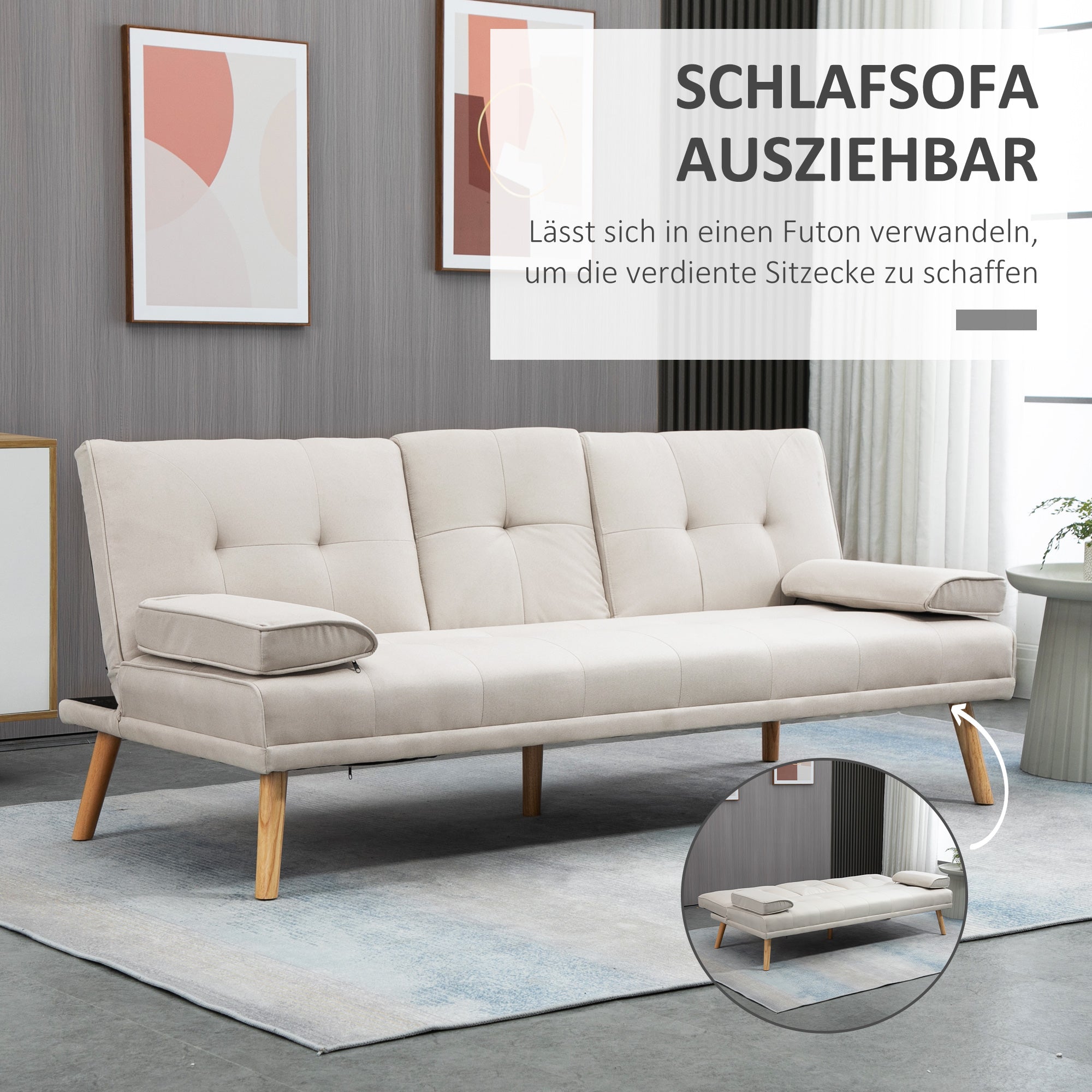 3-Seater Sofa Bed, Fold-Down Table Scandinavian Design 250kg Capacity, Linen Look Fabric