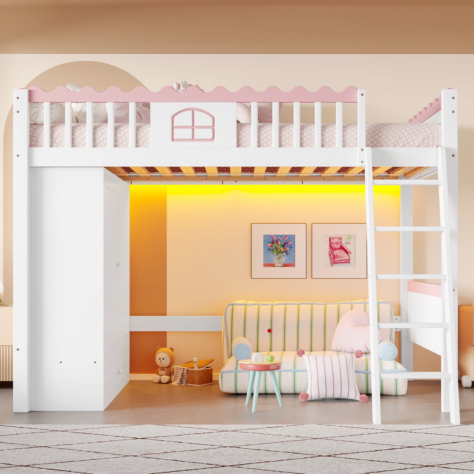 Loft Bed 90x200cm Single Storage Wardrobe LED - White Pine Wood
