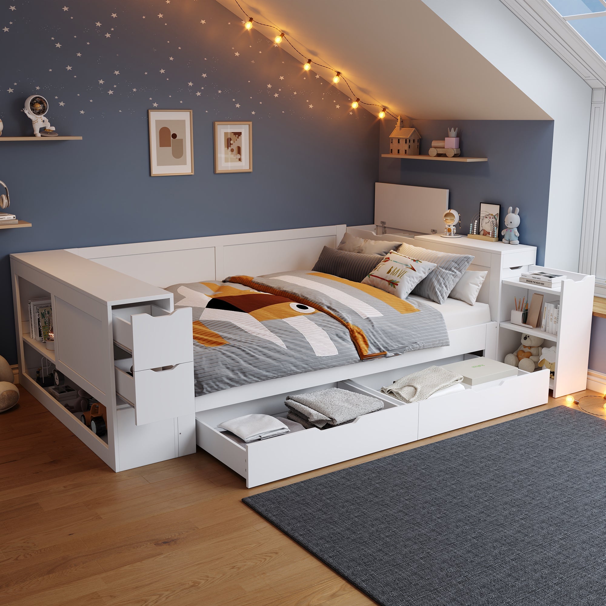 Wooden Storage Bed with Drawers and Shelves, 140x190cm, White Wood