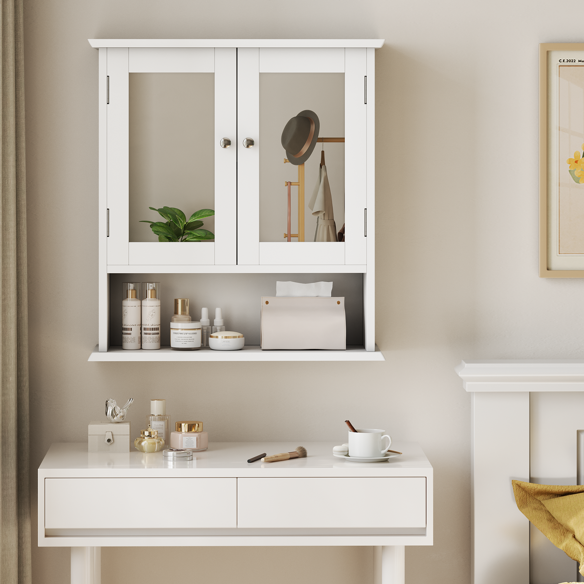 Bathroom Cabinet, Mirror & Adjustable Shelf, White