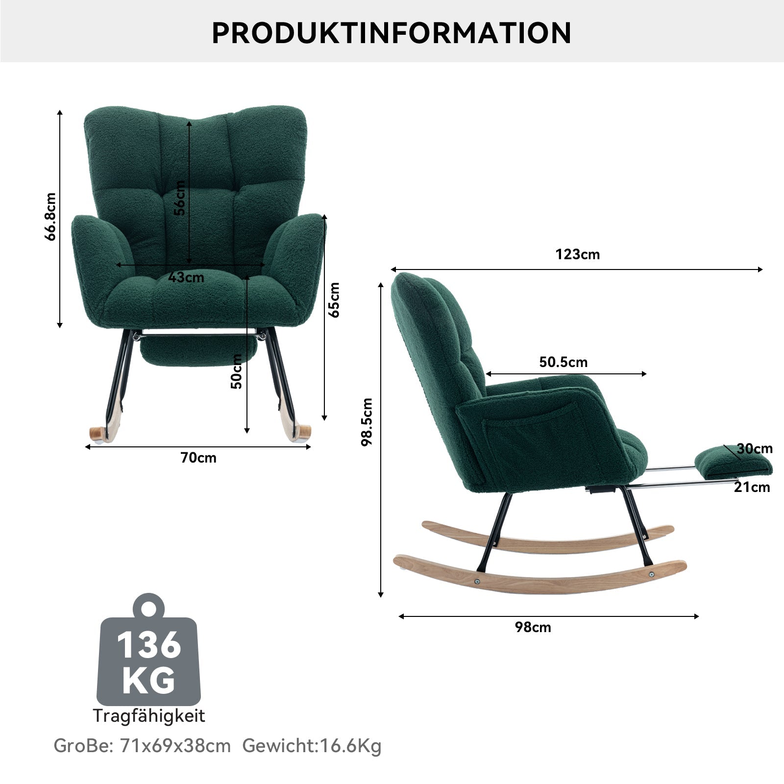 009B Rocking Chair, Modern Upholstered, Extendable Footrest, Green Teddy Fabric