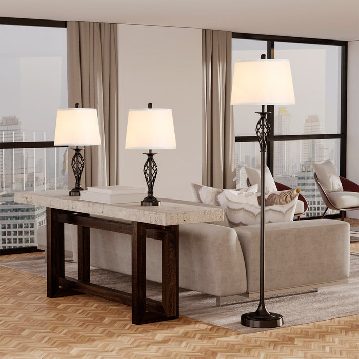 3-Piece Lamp Set: 2 Table Lamps (Ø38cm) & 1 Floor Lamp (Ø62cm), Vintage Black/White Metal/Cotton