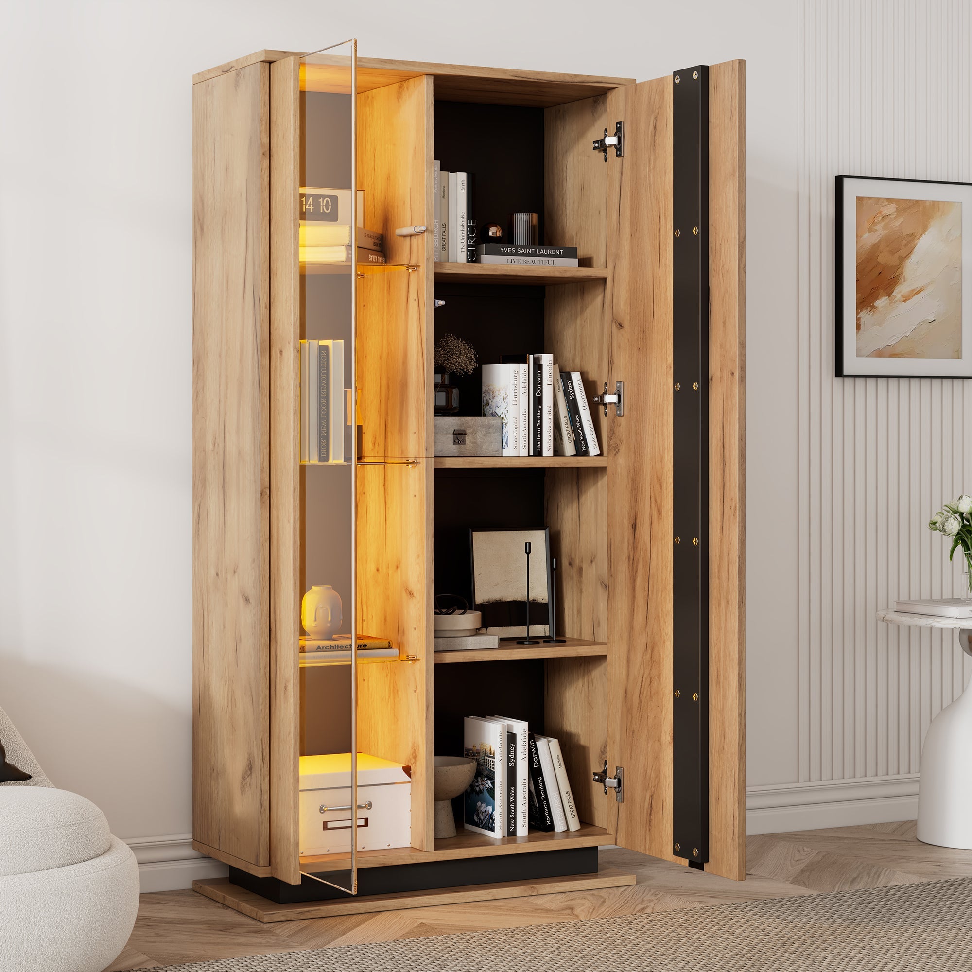 Display Cabinet 80x35x160cm 8 Shelves Glass Dividers Narrow Freestanding Acrylic Wood Color