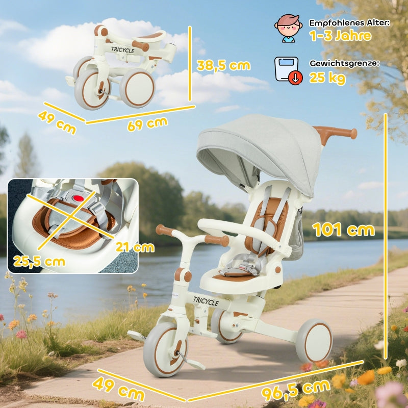 Children's Tricycle 5-in-1 Convertible Baby Buggy with Push Handle and Safety Belt, Cream White