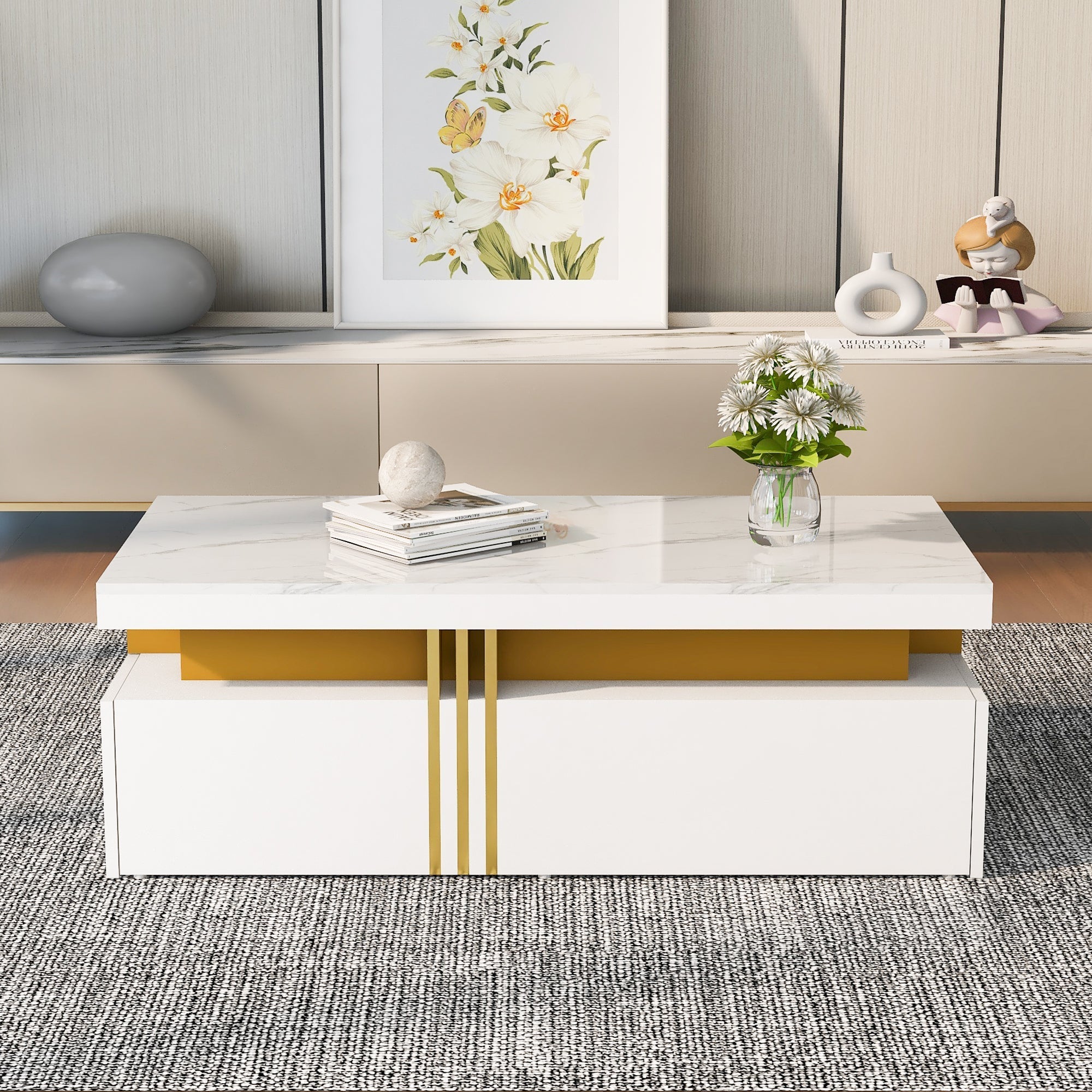Modern rectangular coffee table with high gloss top and 2 wooden drawers, marble tabletop