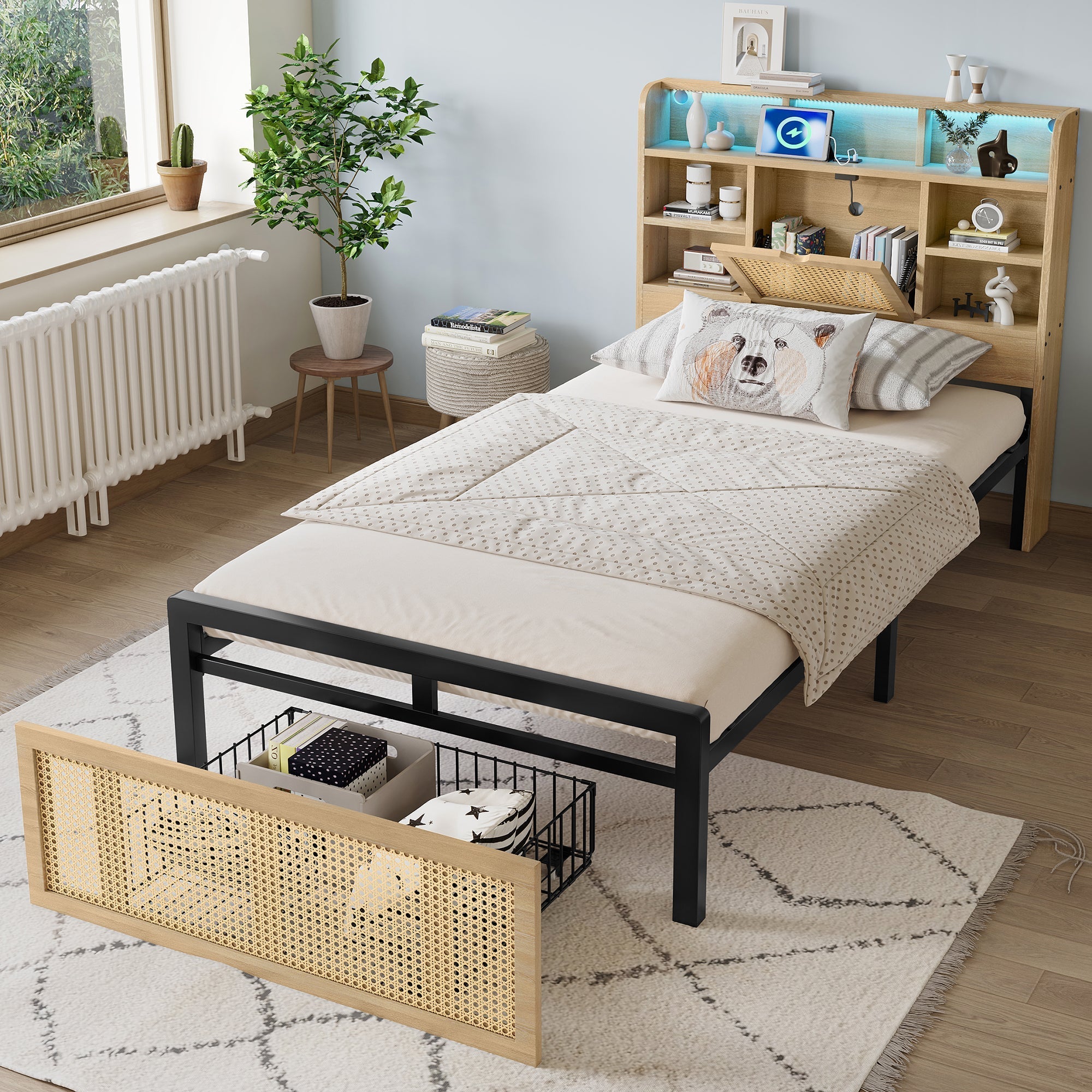 Wooden Bed, 3ft Single, LED Light, Charging Port & Storage, Wood Colour