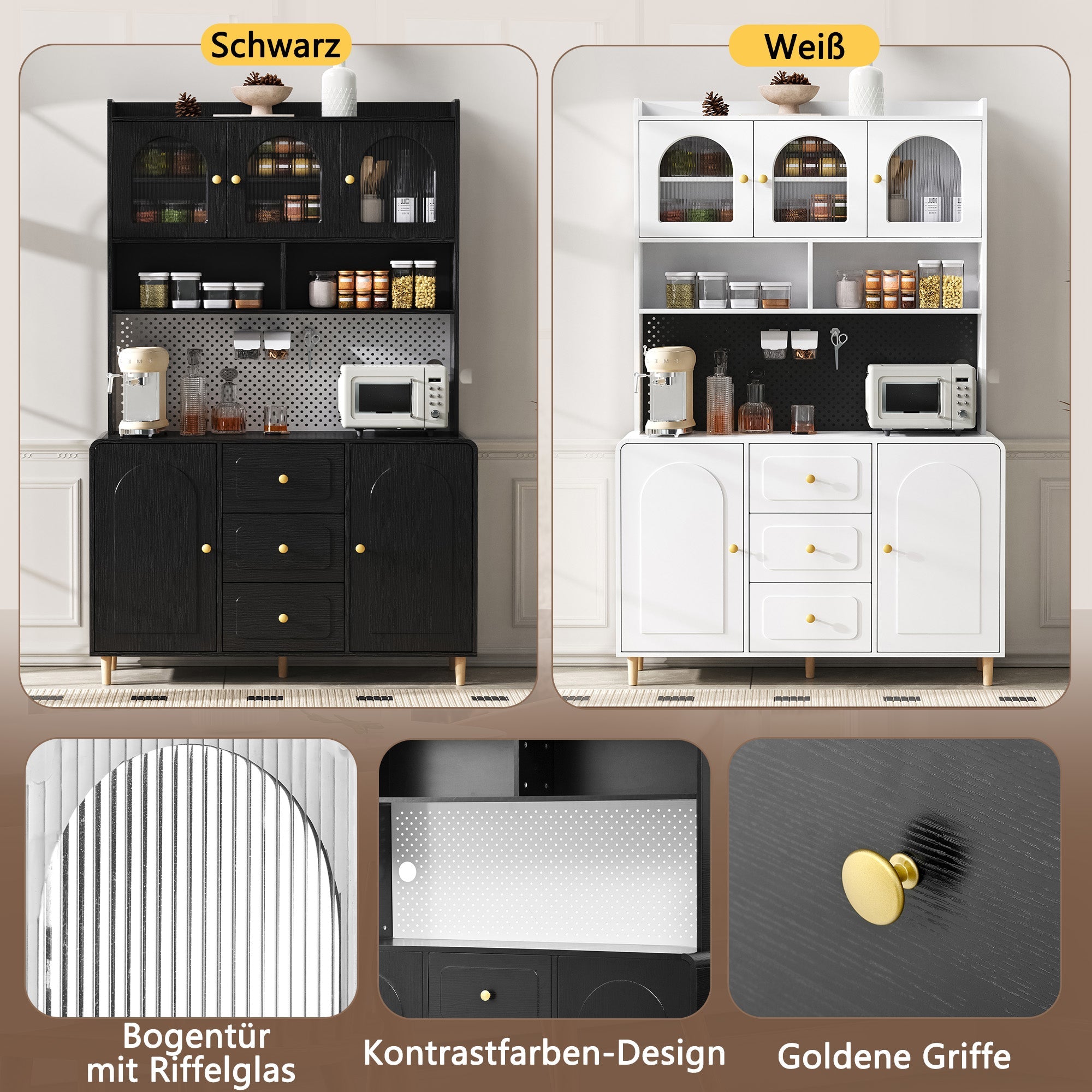 Tall Cabinet Sideboard with Pegboard Drawers Storage Solid Wood Legs Black
