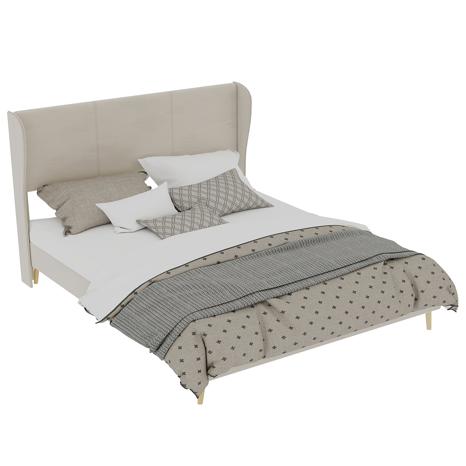 Modern Minimalist Upholstered Bed with Plush Headboard, 160x200 cm, Beige, Multifunctional Bedroom Furniture, Low-Profile Non-Storage Base (Without Gas Lift), Mattress Excluded.