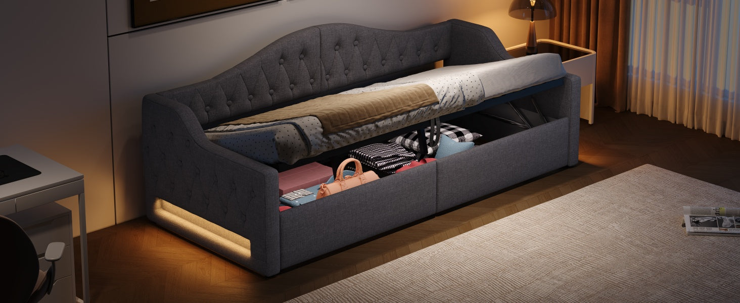 Daybed Upholstered 90x200 LED Storage - Grey