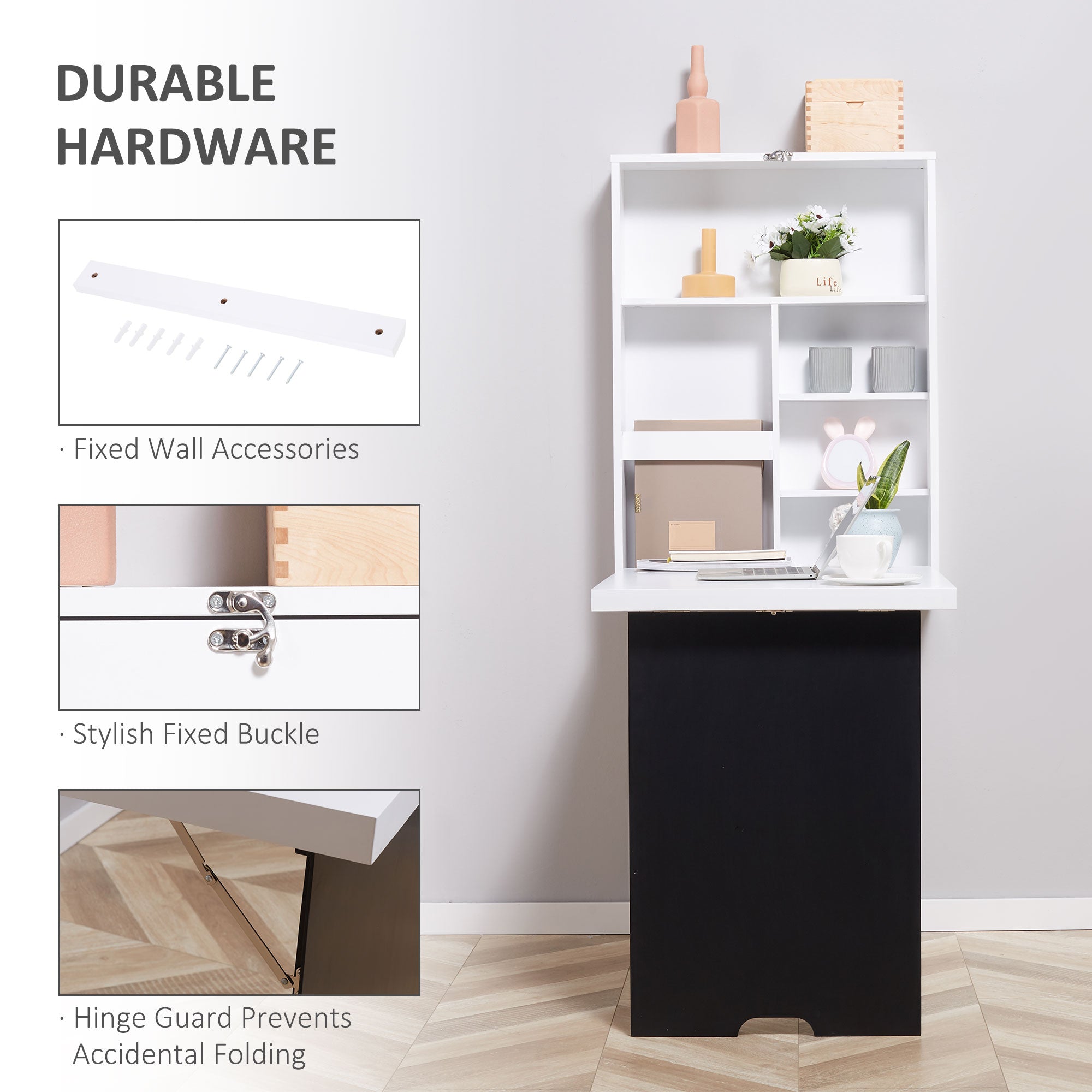 Folding Wall-Mounted Drop-Leaf Table Convertible Chalkboard Storage Floating Desk White