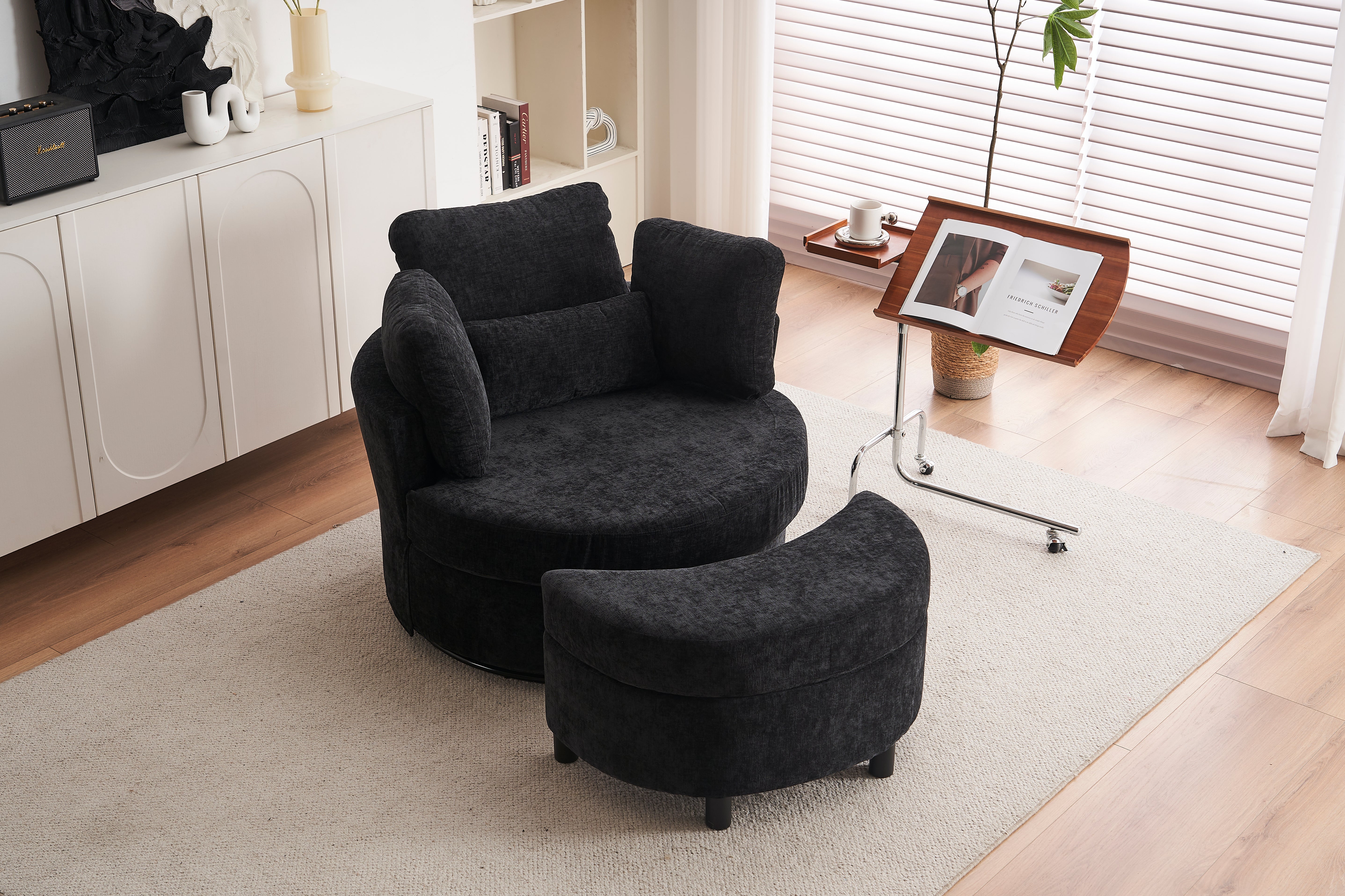 Chenille Swivel Armchair: 3 Back Cushion Pillow Ottoman Crescent Stool, Black