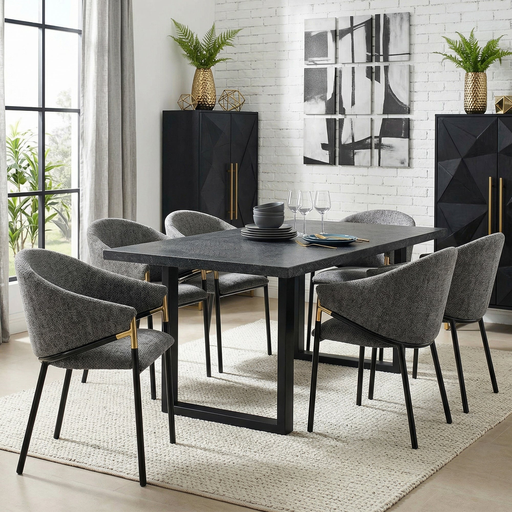 Set of 6 Dining Chairs with Gold Stainless Steel Handrails, Grey Chenille