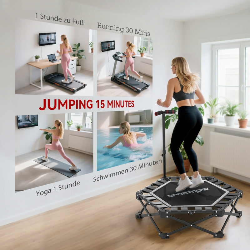 Fitness Trampoline with Adjustable T-Handle and 120 kg Load Capacity, Foldable Steel and Plastic, Black