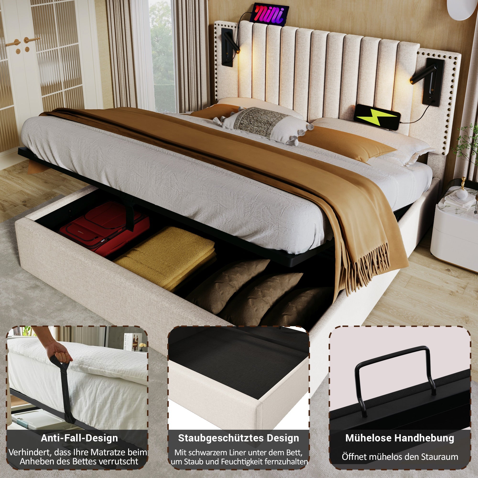 Upholstered Bed 140x200, Double with Storage & Reading Light, Beige Cotton