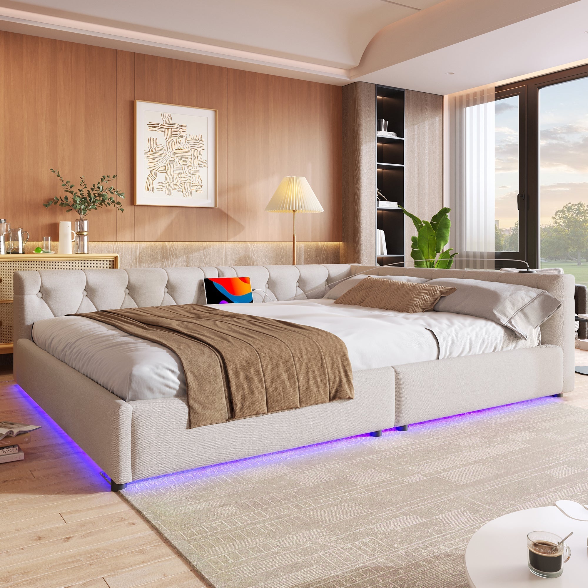 Sofa Bed 140x200cm LED Light USB/Type-C Button Tufting - Beige Linen