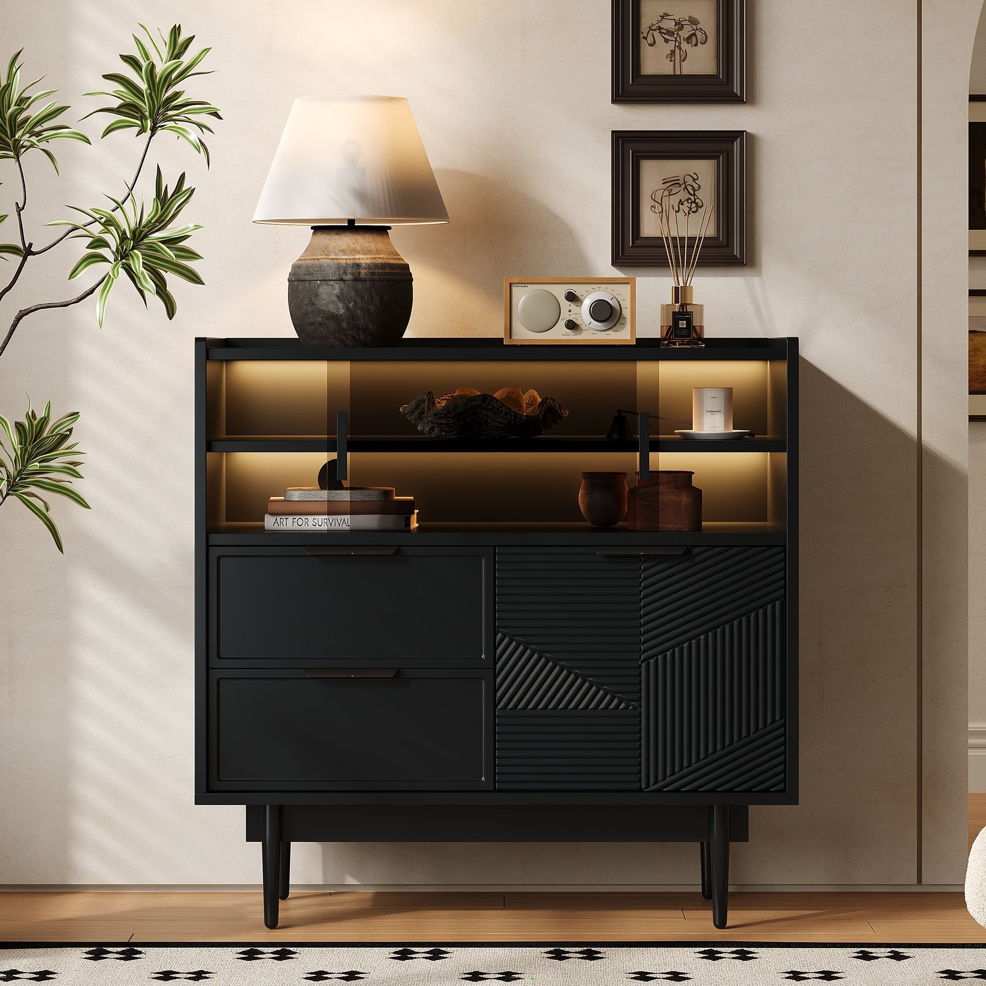 Storage Cabinet Sideboard 80 cm Glass Door, Light Strip
