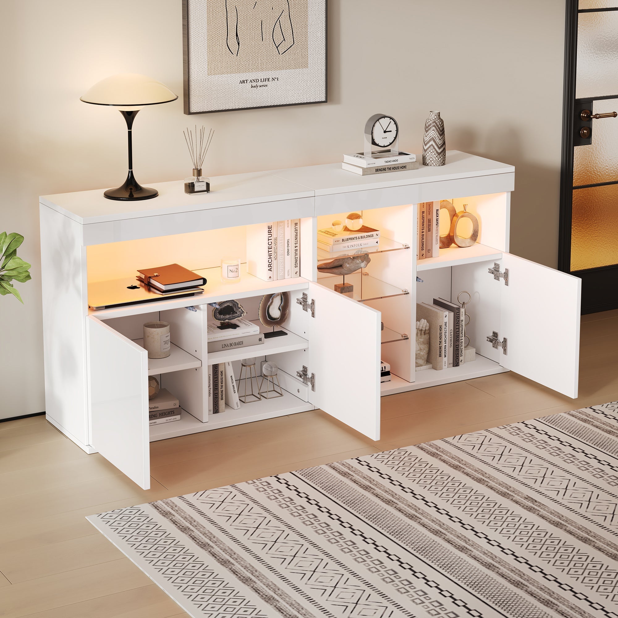 High-Gloss Cabinet 155.5cm LED 3 Doors Glass Partitions - White