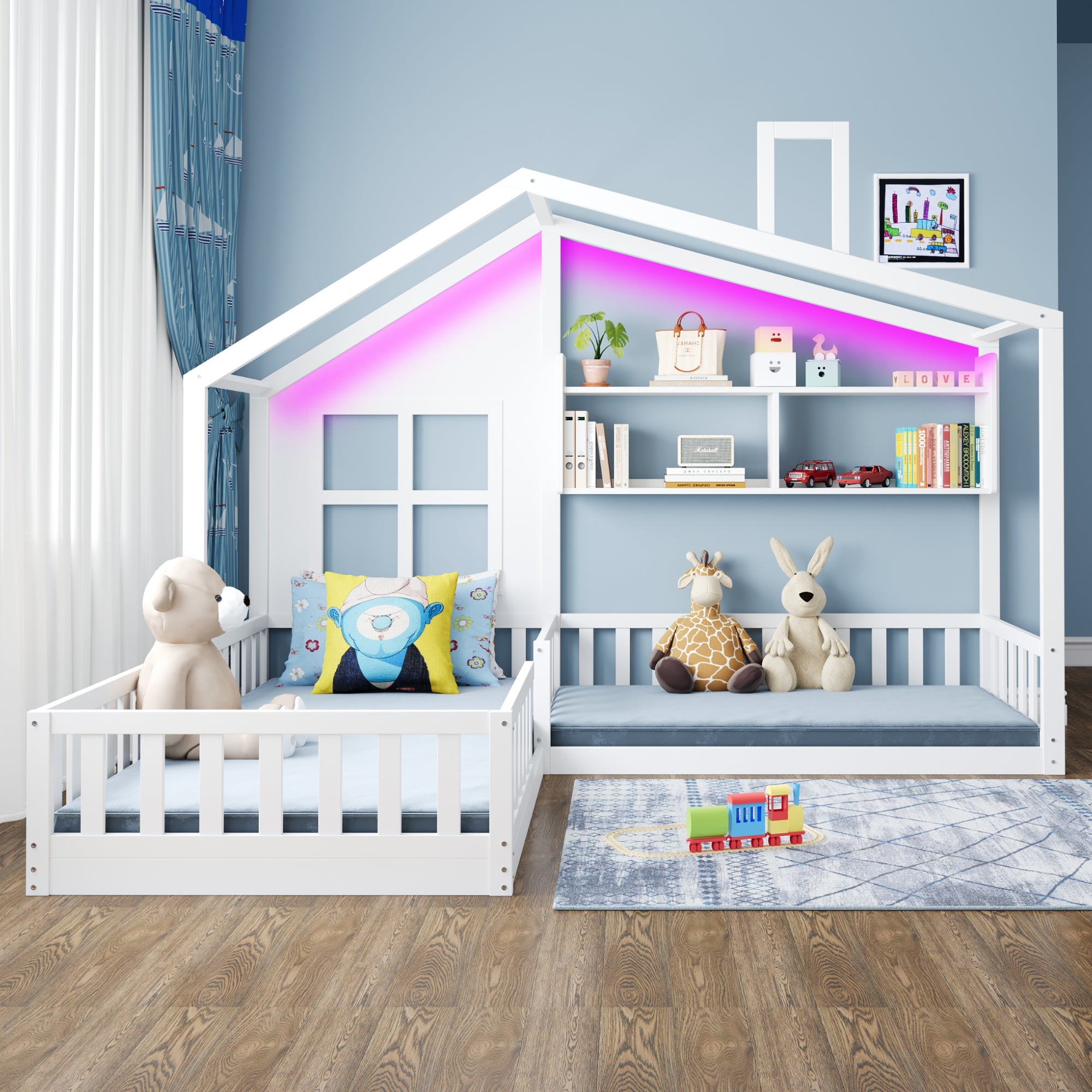 Children's Bed with Window, Shelves and LED Light Strip, 90x200cm, White Solid Wood